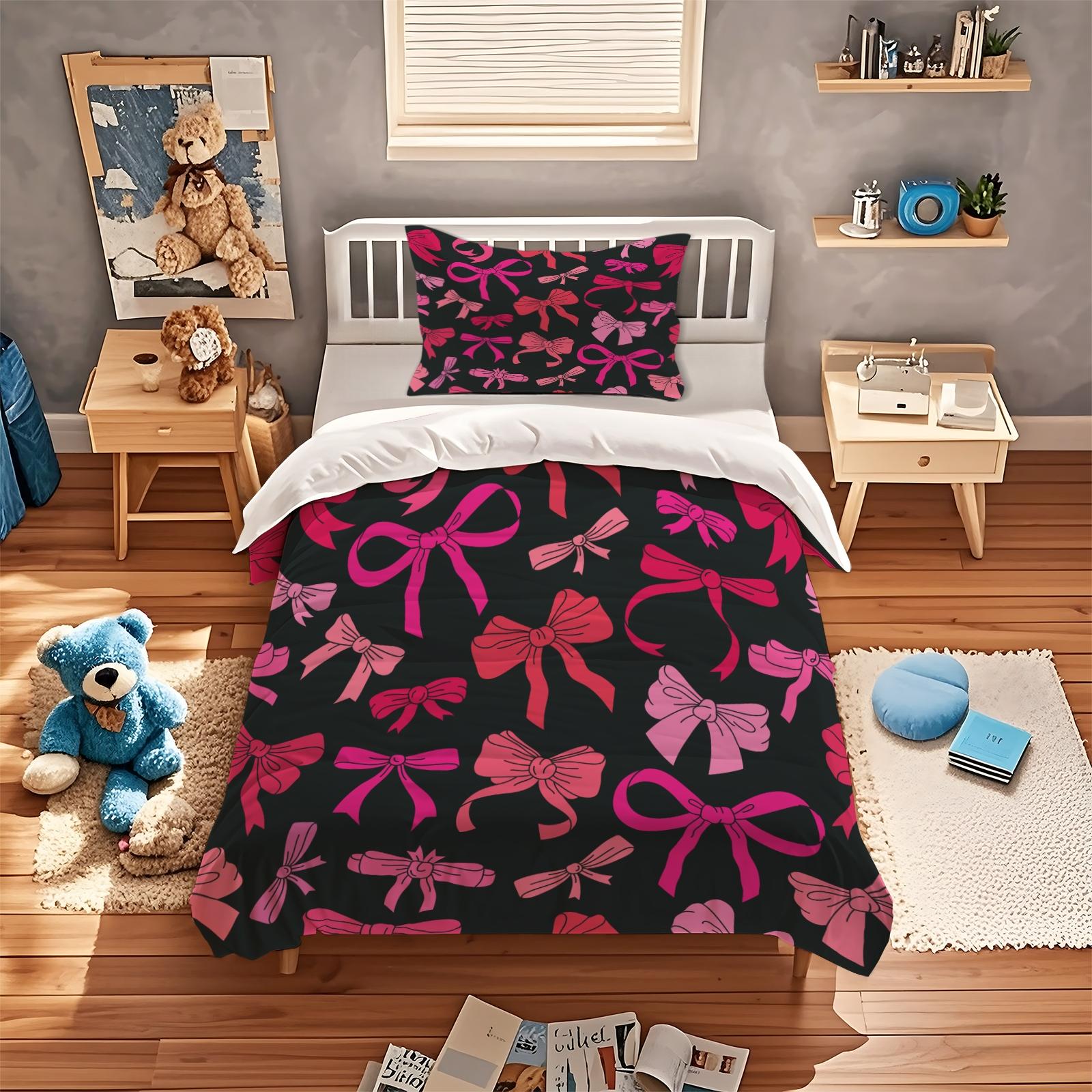 2/3 Pcs Coquette Pink Bow Print Duvet Cover Set, Cute Y2K Aesthetic Bedding Set, Vibrant Digital Print, Soft Microfiber with Zipper Closure, Ideal for Bedroom, Dorm, Girly Room Decor All Year Round - No Filling