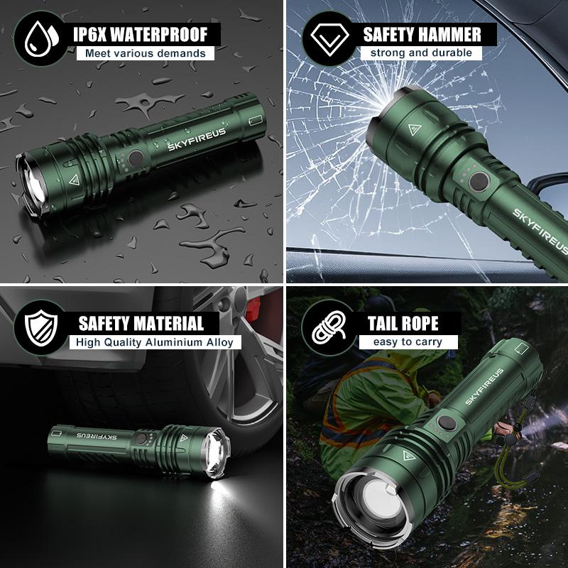 SKYFIRE 1376 Rechargeable LED Flashlight – 1800 Lumens, Fire-Starting Lens, Zoomable Focus, 5 Light Modes, Ultra-Bright Tactical Torch for Camping, Emergency & Outdoor Use