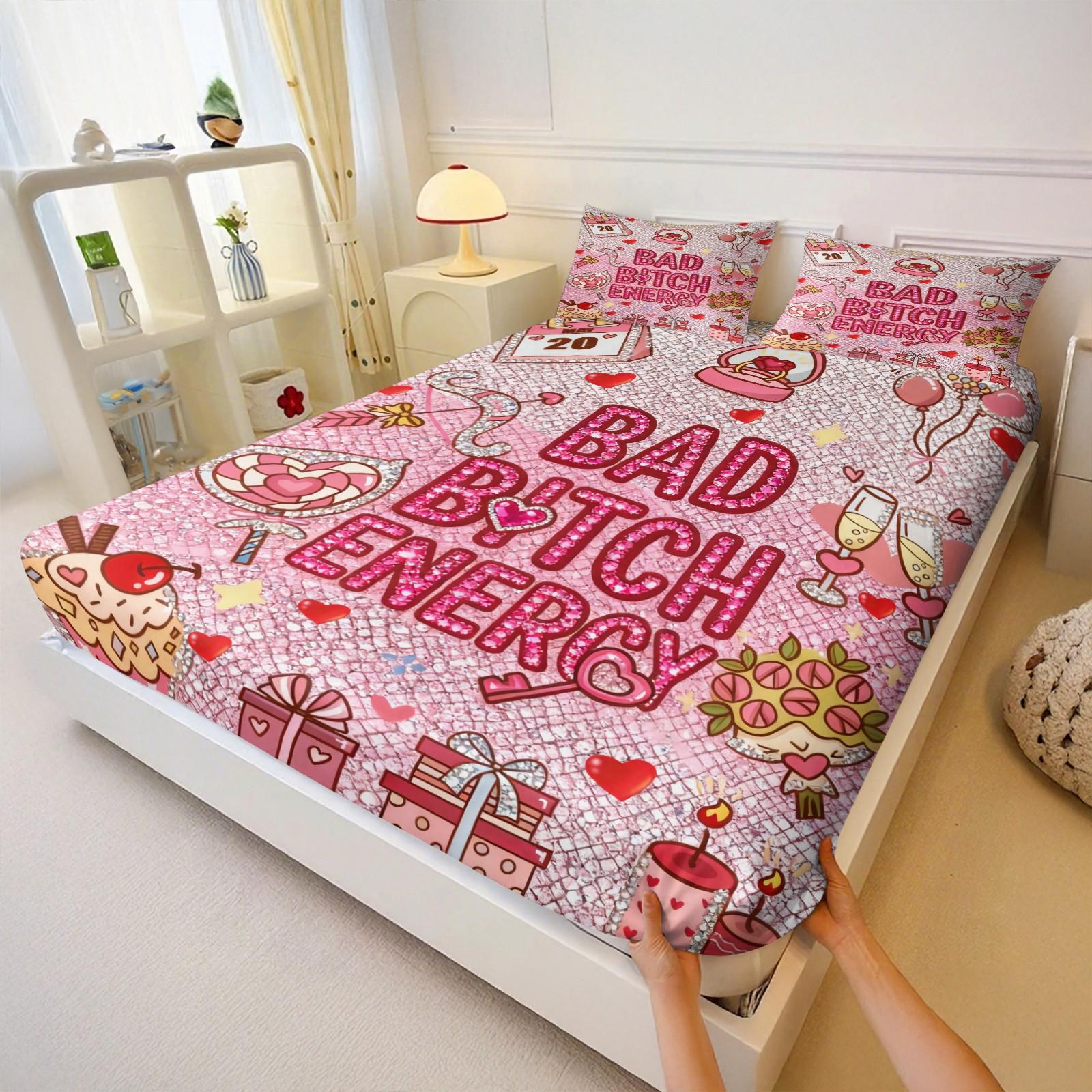 Sparkling Diamond Texture Slogan Print Fitted Sheet Set, Sweet Light Pink Bedding Set, Decorative Bedsheet Sets, Durable Soft Microfiber Bedding, Sweet Colors, Perfect for Room Decoration, 3Pcs Includes Two Pillowcases