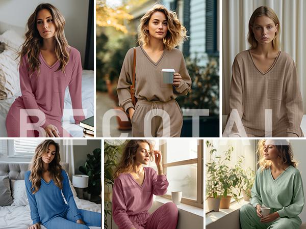 Becotal Womens Two Piece Outfits Lounge Sets Waffle Knit Long Sleeve Pullover Tops and Jogger Sweatpants Tracksuits 2025 Spring Springtok Clothes Womenswear Bottoms Comfy Essential Knitted Loose Basic Camel
