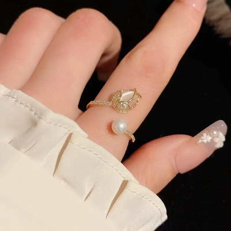 Vintage Enamel Tulip Flower Rings for Women Fashion Simple Gold Color Adjustable Opening Finger Ring Elegant Weeding Jewelry