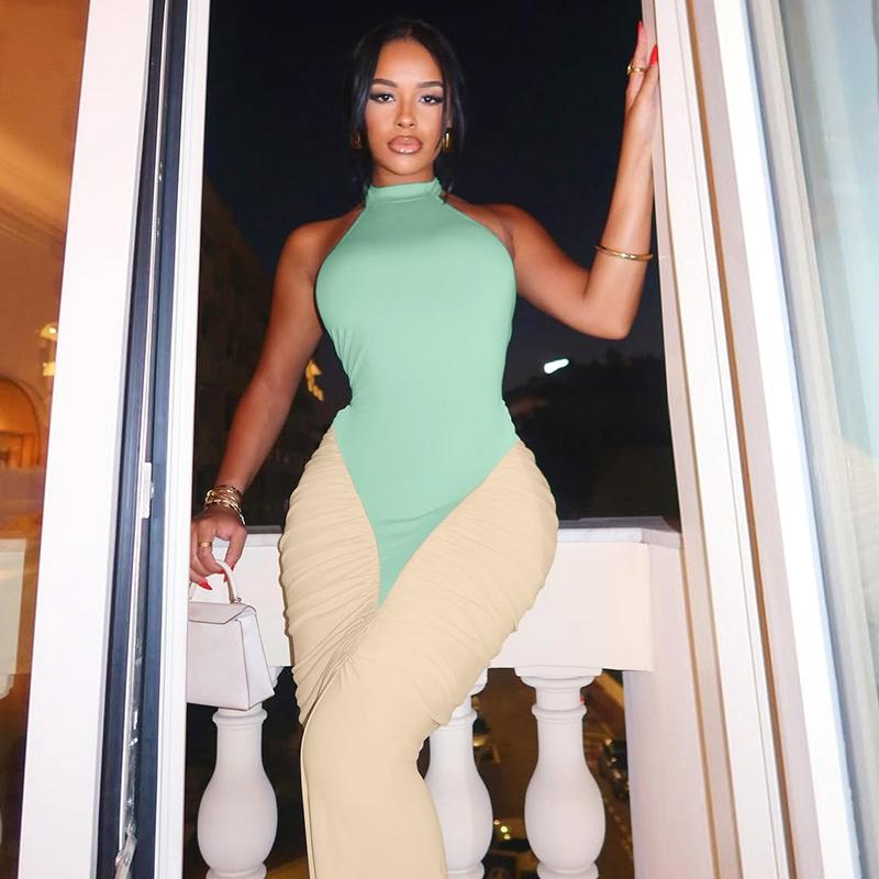 Women Summer Sexy Party Club Evening Halter Colorblock Backless Bodycon Long Dress Bodycon Dresses