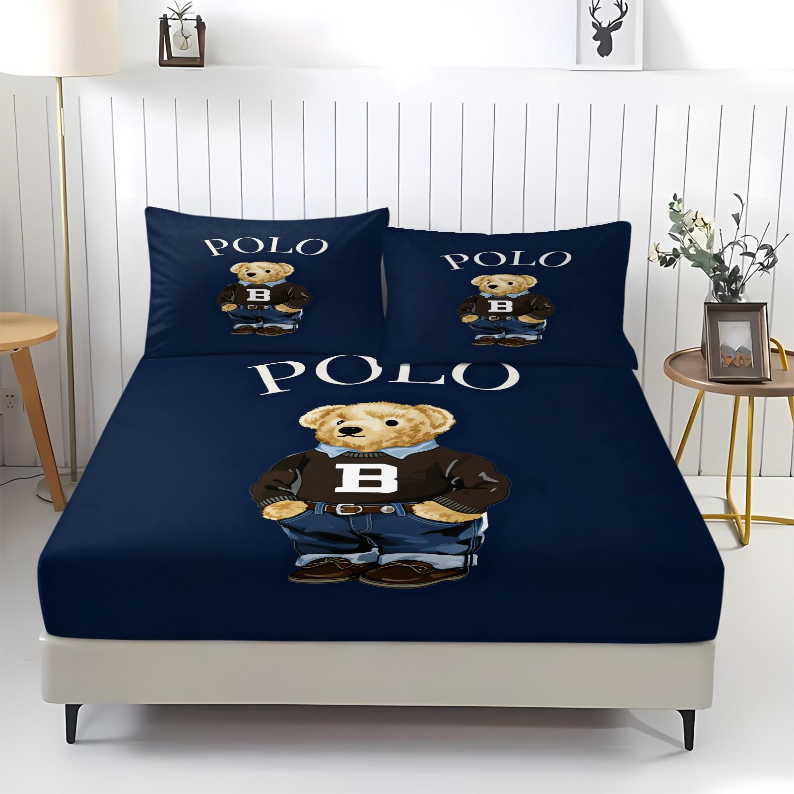 Teddy Bear Pattern Bed Sheet, Comfortable Printed Pattern, Includes 1 Bed Sheet and 2 Pillowcases, Comfortable Bedding, Non slip Dust Cover Suitable for Bedroom and Guest Room, Suitable as a Gift for Children or Adults