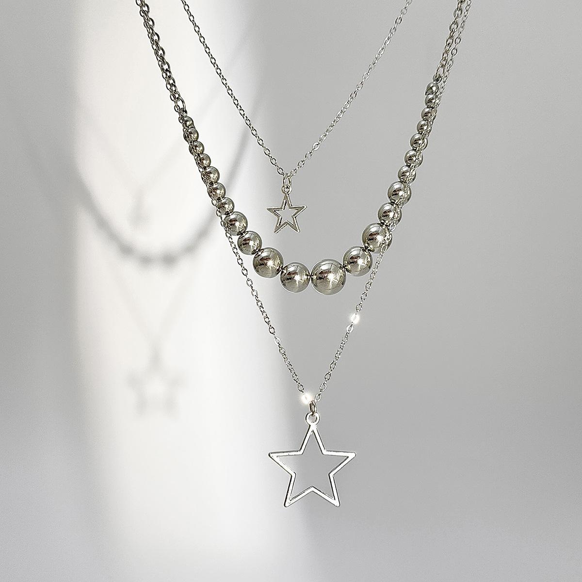 Multi-piece Hip Hop Star Pendant Necklace Set - Edgy Spicy Girl Style with Round Ball Metal Bead Chains, Fashion Chain Decorated Streetwear Jewelry for Nightclubs, Casual Daily Wear, Beaded Chains, Metal Beads