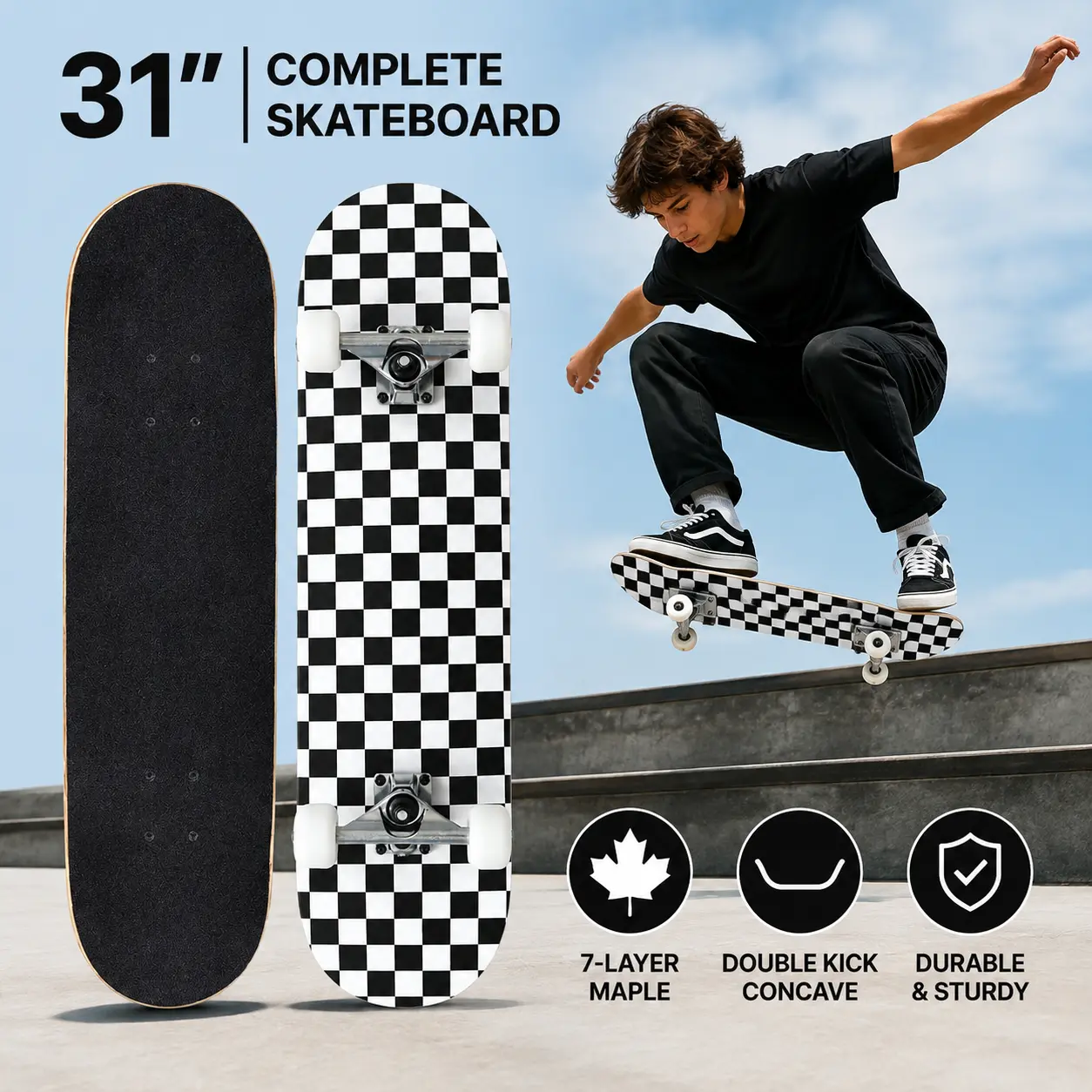 31x8 Inch Pro Skateboard Complete,7 Layer Canadian Maple Wood Double Kick Concave Skate Boards, Tricks Skateboards for Youths,Beginners,Girls,Boys,Kids,Teens,Adults (Black, White)