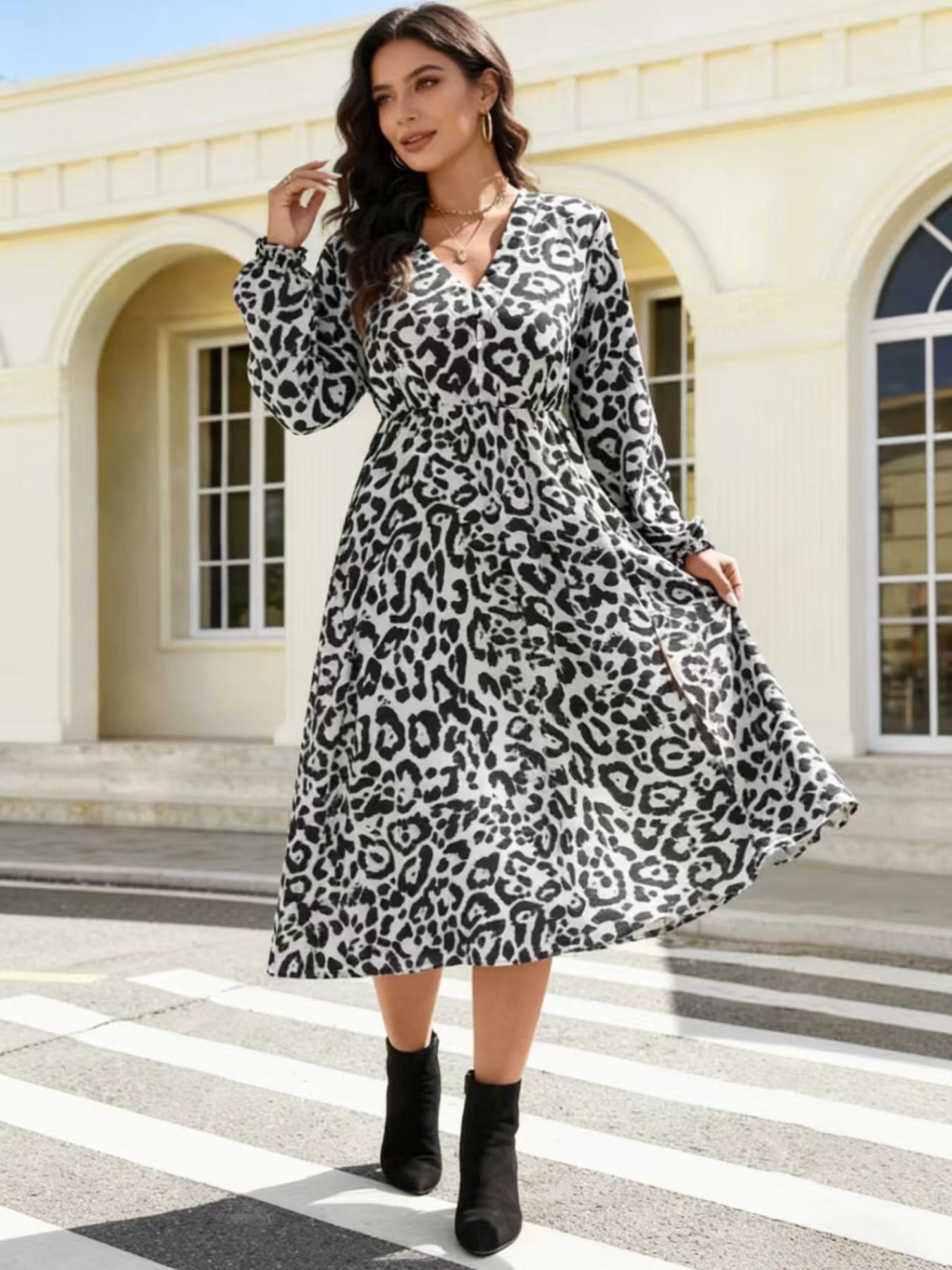 Elegant Leopard Print V-Neck Dress for Plus Size Women, Sexy and Stylish Maxi Dress, Perfect for Special Occasions