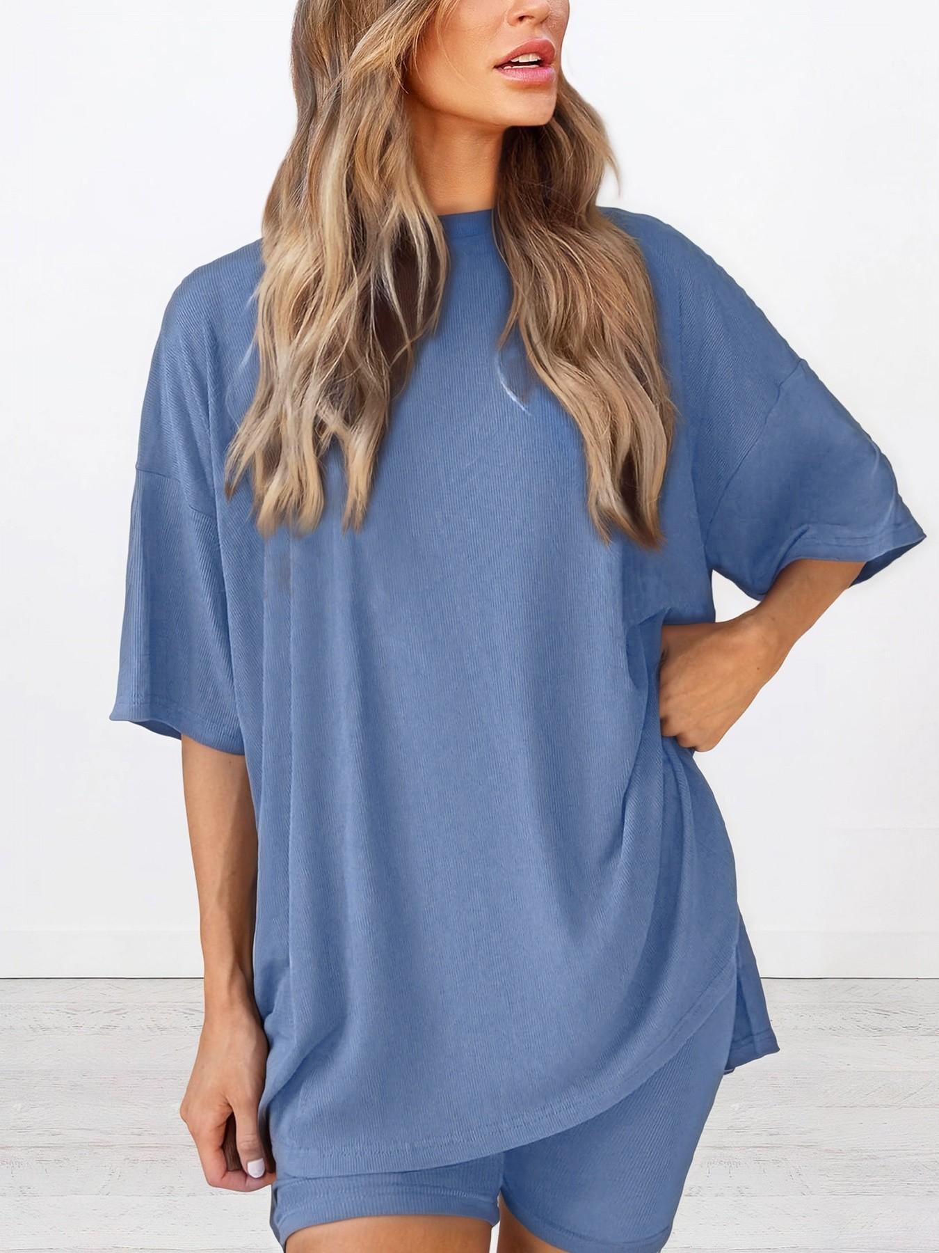 Women's Solid Color T-Shirt and Tight Shorts Set, Casual Summer Comfort Round Neck Sleepwear, Pocket Design, Outdoor Wear Women's Solid Color T-Shirt and Tight Shorts Set, Casual Summer Comfort Round Neck Sleepwear, Pocket Design, Outdoor Wear