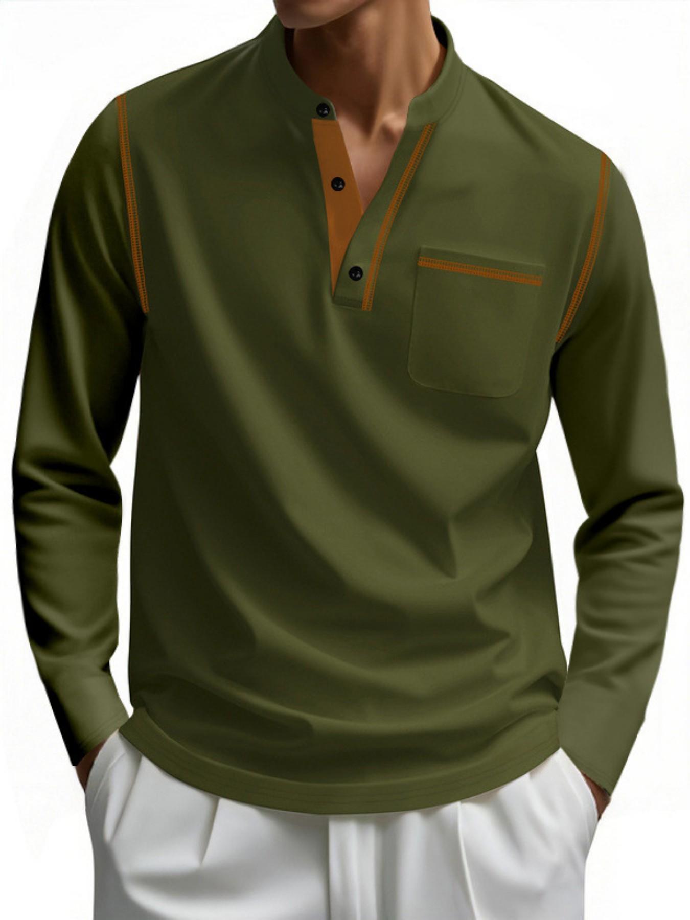 Men's Henry Long Sleeve Shirt, Button Neck Casual T-Shirt, Pocketed Daily Wear Fashion Top, Essential Stylish Clothing