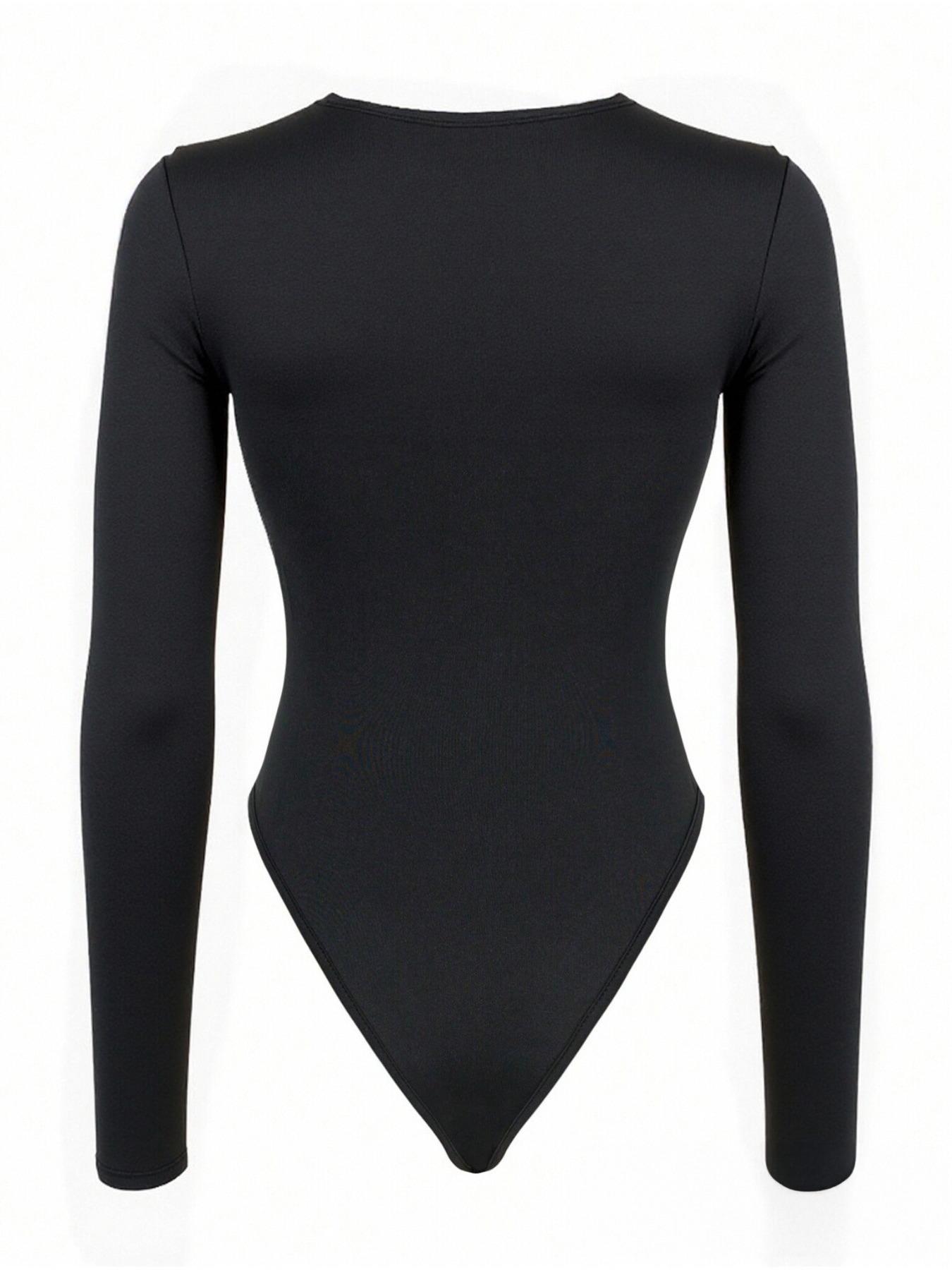 Pure Color Fashion Pleated Long Sleeve Slim-Fit Bodysuit, Casual Fall Style, Thin Knit Fabric, Plain Pattern, Women's Clothing