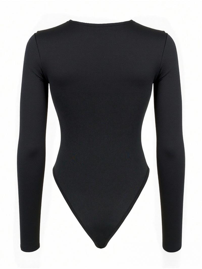 Pure Color Fashion Pleated Long Sleeve Slim-Fit Bodysuit, Casual Fall Style, Thin Fabric, Plain Pattern, Women's Clothing