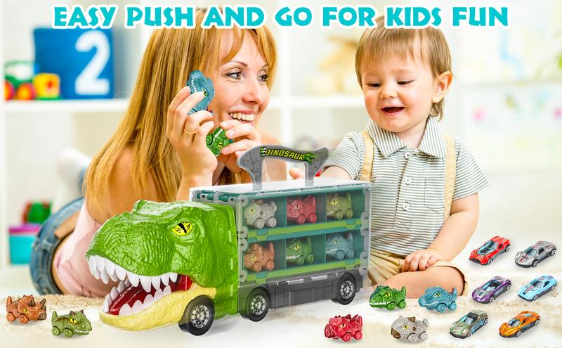Dinosaur Truck Toys Princess car Unicorn car for Birthday Gift Idea, 2 Player Race Mode, Transport Carrier Toddler Toys for Kids, 63 Inch Foldable Race Track with 6 Dino Cars & 6 Die-cast Cars Durable Safety, kids christmas gifts