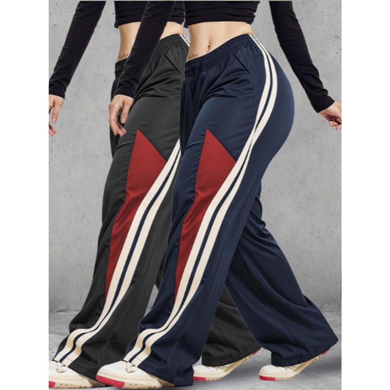 Female 2-Pack Contrast Stripes Wide-Leg Jogger Pants - Adjustable Drawcord Elastic Waistband, Relaxed Fit, Utility Pockets, Casual Sports Wear, Machine Washable