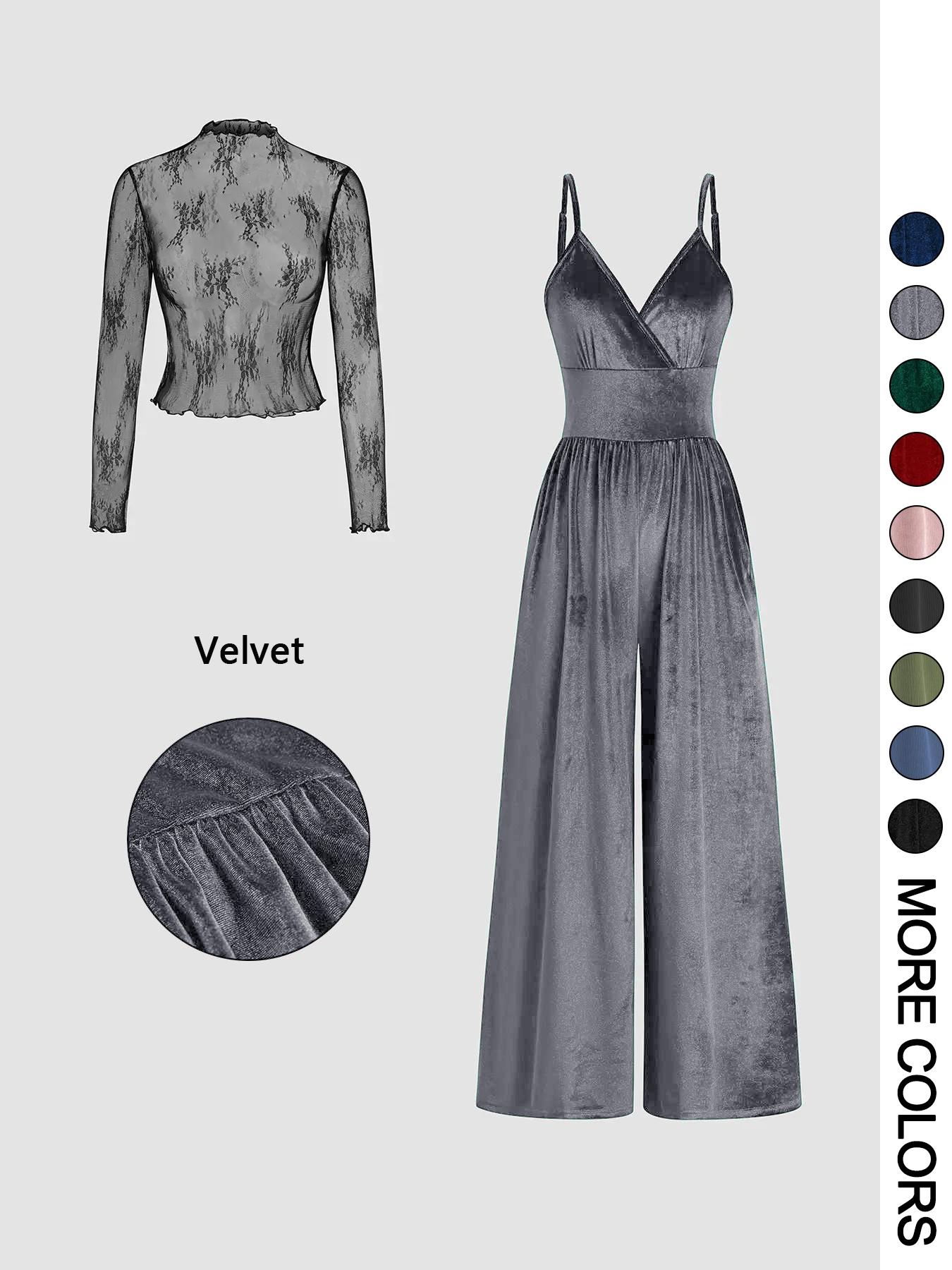 Valentine's Day Women's Solid Color Knitted Lace Tee & High Waist Pocket Jumpsuit Two-piece Set, Elegant Fashion Casual Fitted Zipper Back Cami Jumpsuit & Long Sleeve Top for Daily Outdoor Wear, Women's Clothing for Spring & Fall