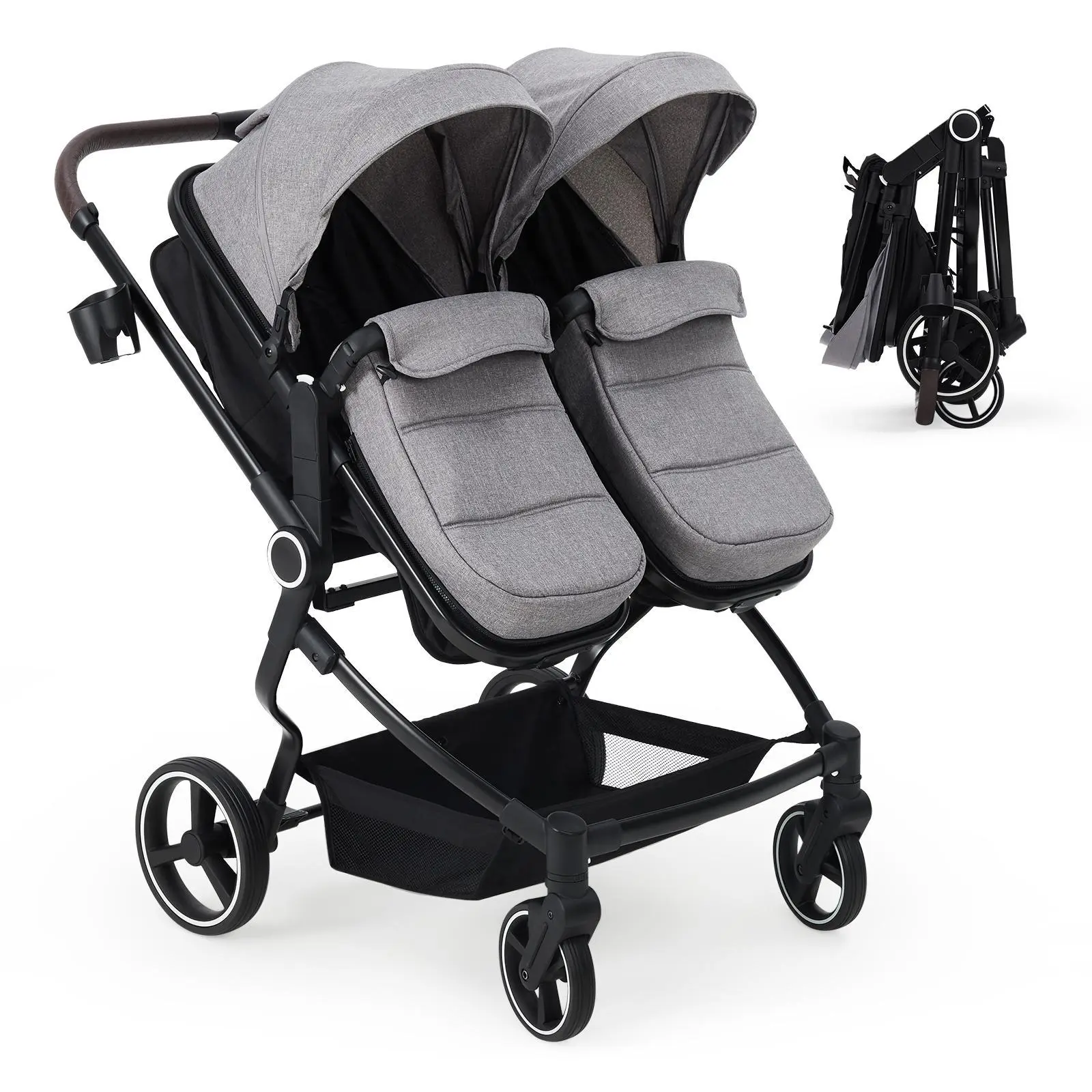 Garvee Lightweight Side-by-Side Double Stroller for Twins – Compact Collapsible Twin Baby Travel Stroller with High Seats, Adjustable Canopy & Recline for Newborns and Toddlers – Black