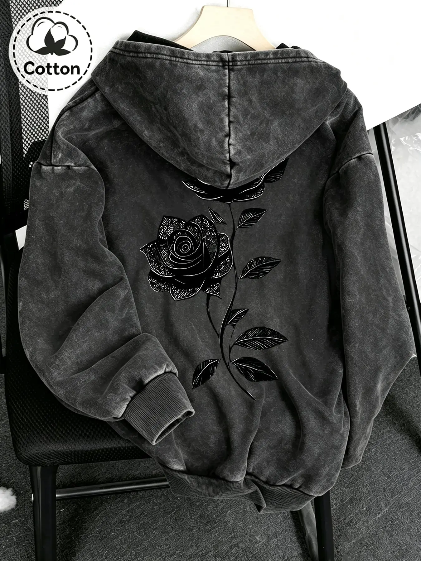 Men's Fitted Long Sleeve Rose Print Cotton Blend Hoodie, Casual Sweatshirt, Spring, Fall and Winter Outerwear