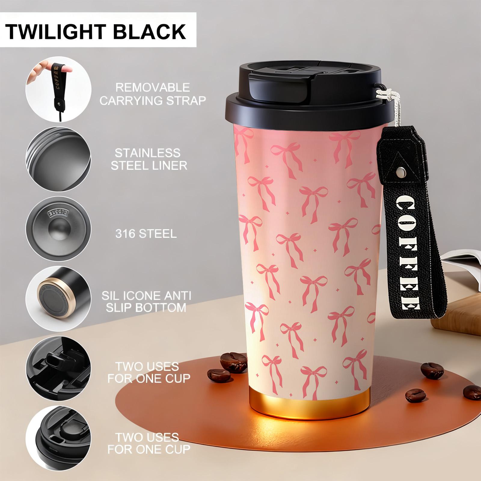 1 Pc insulated mug pink bow ribbon vacuum cup, Vacuum insulated flask, double wall stainless steel leak-proof travel coffee tumbler, tumbler for hot cold drinks, keeps warm 12 h/cold 24 h, 18oz pink thermal mug for women, holiday gift