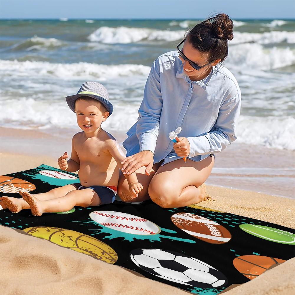 Graffiti Style Sports Ball Pattern Beach Towel, Lightweight Soft Microfiber Towel, Sand Resistant Quick Dry Bath Towel for Beach Travel Gym, Cool Sports Themed Summer Towel