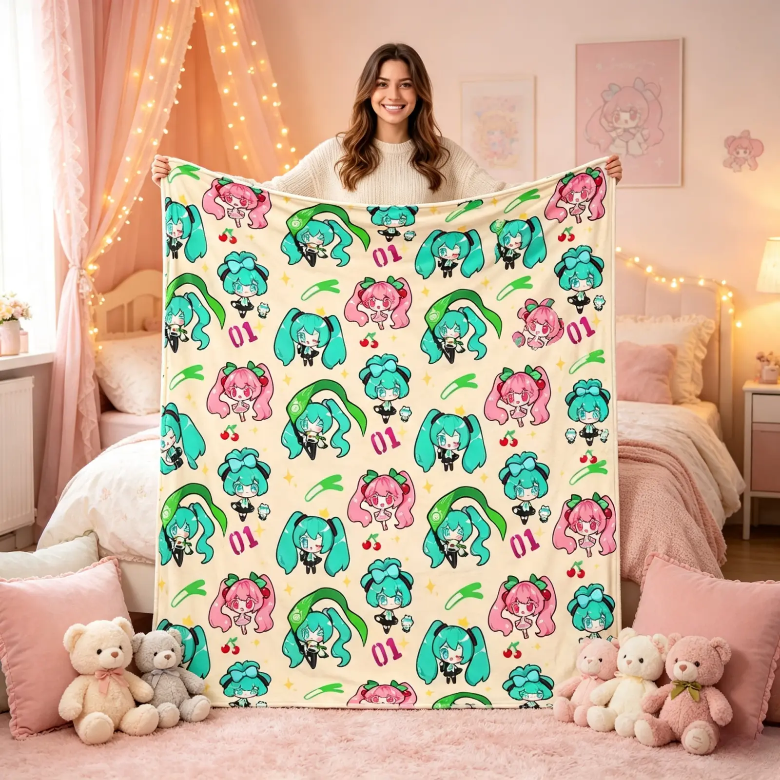 Cute Hatsune Miku Flannel Throw Blanket, Chibi Hatsune Miku All Over Print Soft Gamer Blanket, Cozy Lightweight Decor Blanket for Bedroom Dorm Sofa, Trendy Birthday Christmas Holiday Gift For Anime & Vocaloid Fans TikTok Viral Amazon Must Have