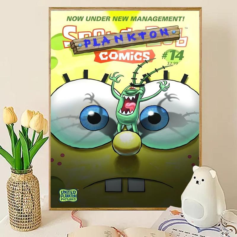 Animated Cartoon S-Sponge-Bob Poster Sticky Wall Art Printing Waterproof Modern Aesthetic Home Living Bedroom Decor Trendy Room Decoration Gift Durable High Quality