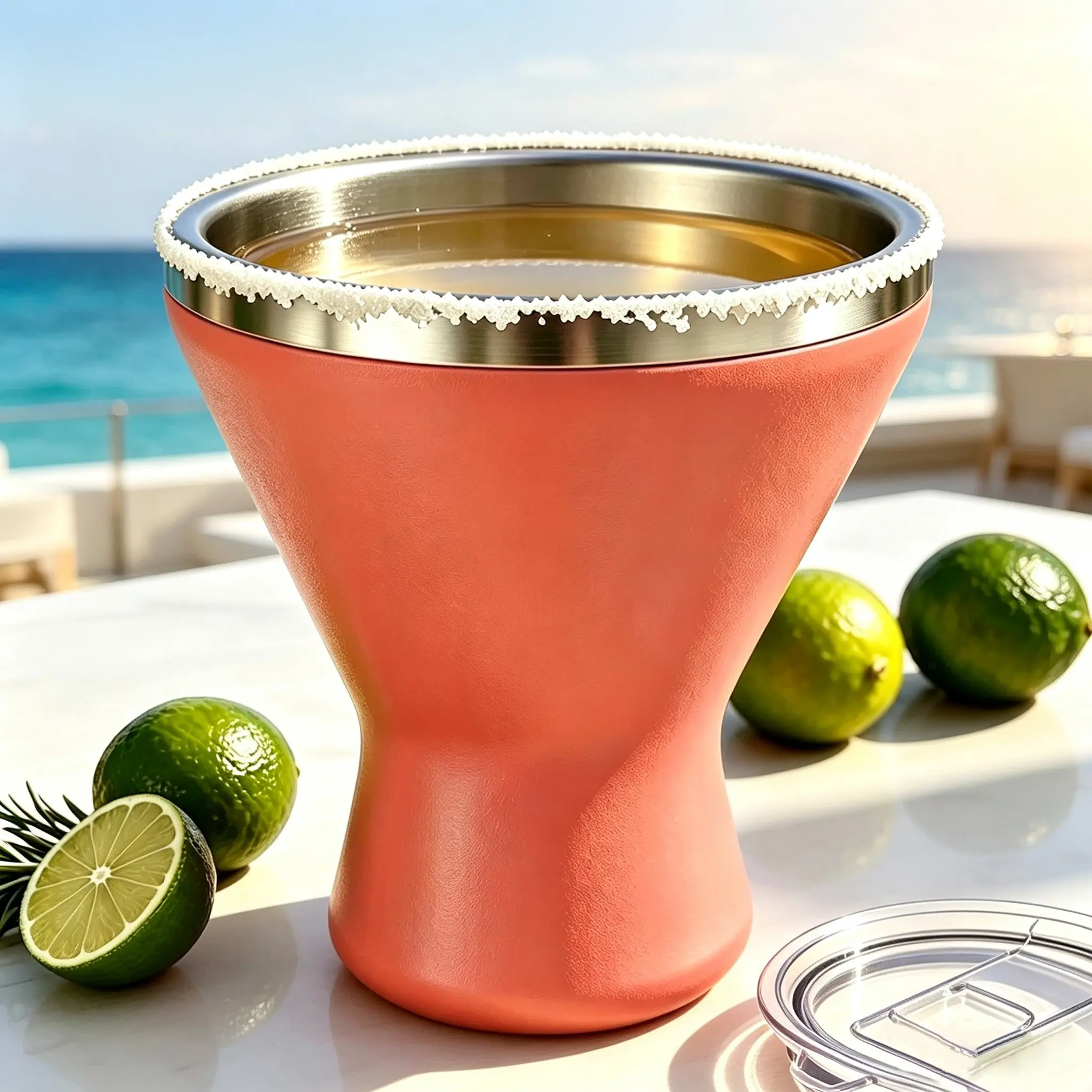Vacuum Insulated Stainless Steel Margarita Glass with Lid, 360° Spill-proof Martini Cup, Rim can be Salted, Keeps Drinks Cold , Great for Beach, Patio, or Bar Hangouts, Perfect for Serving Daiquiris, an Awesome Gift for Parties and Holidays, Drinkware