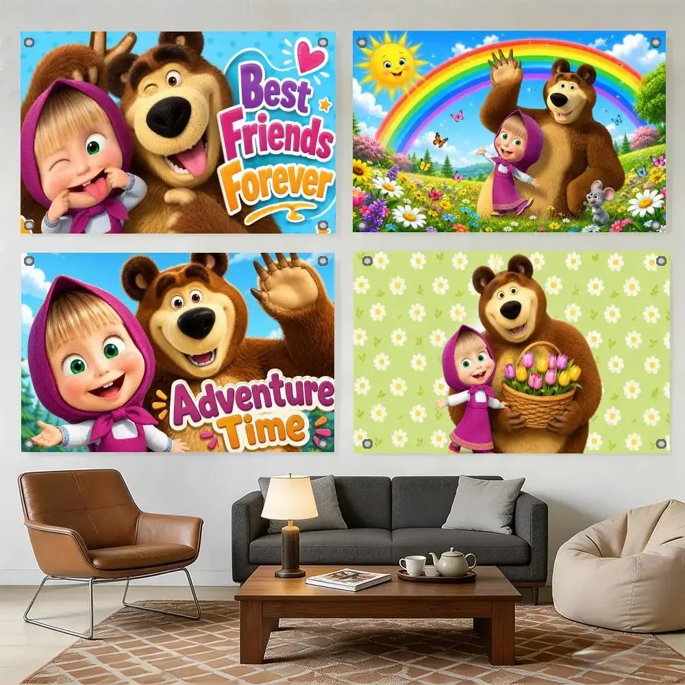 Masha and the Bear Cartoon Printed Vinyl Backdrop - Bordered, Lightweight Kids Party Decor, Newborn Photography Background, Home Yard Indoor-Outdoor Hanging Banner Gift