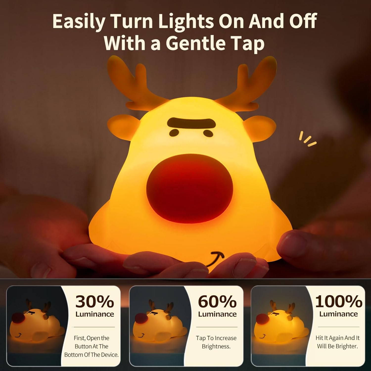 Baby Night Light, 3-Level Adjustable Charging Nursery Lamp, Timer Reindeer Touch Bedside Lamp, Baby Room Decor, Suitable for Breastfeeding Infants