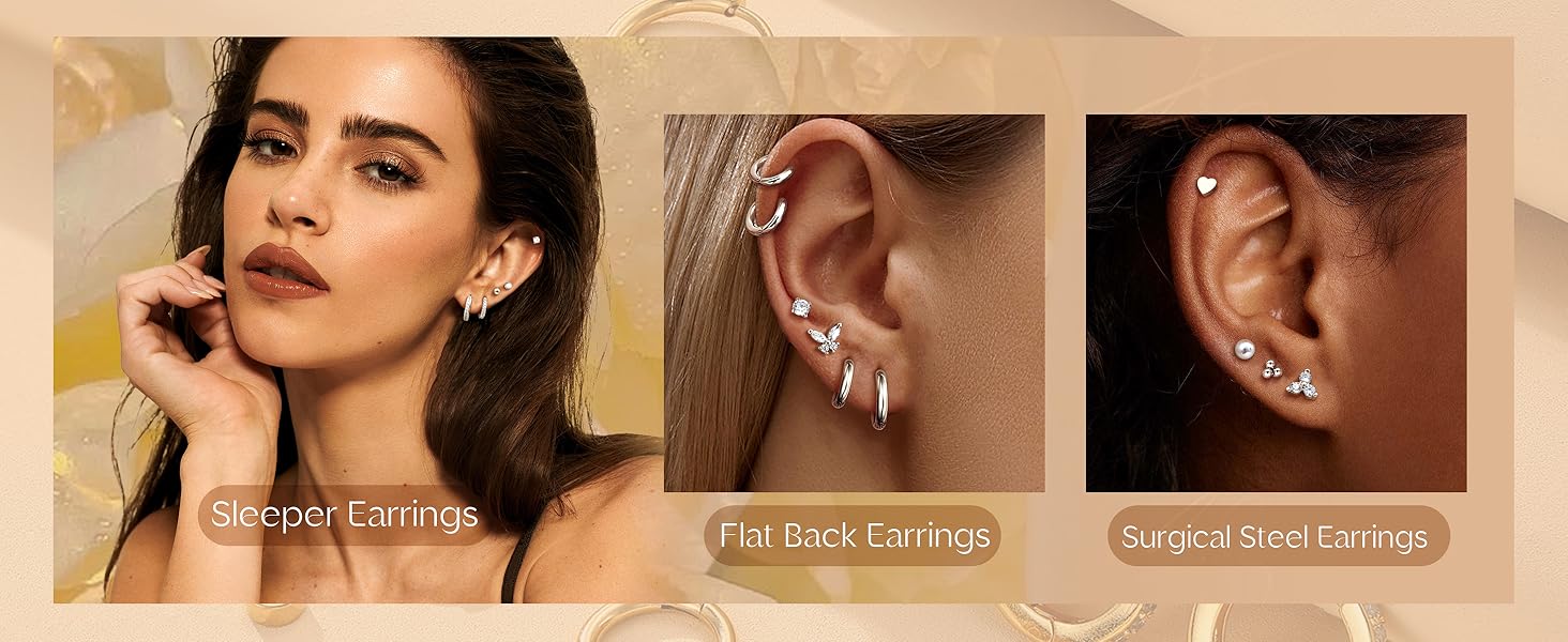 12Pairs Flat Back Earrings for Women Men Hypoallergenic Steel Earrings for Sensitive Ears 14K Gold Hoop Stud Sleeper Earrings Flatback Cartilage Tragus Helix Piercing Earrings Studs Earrings
