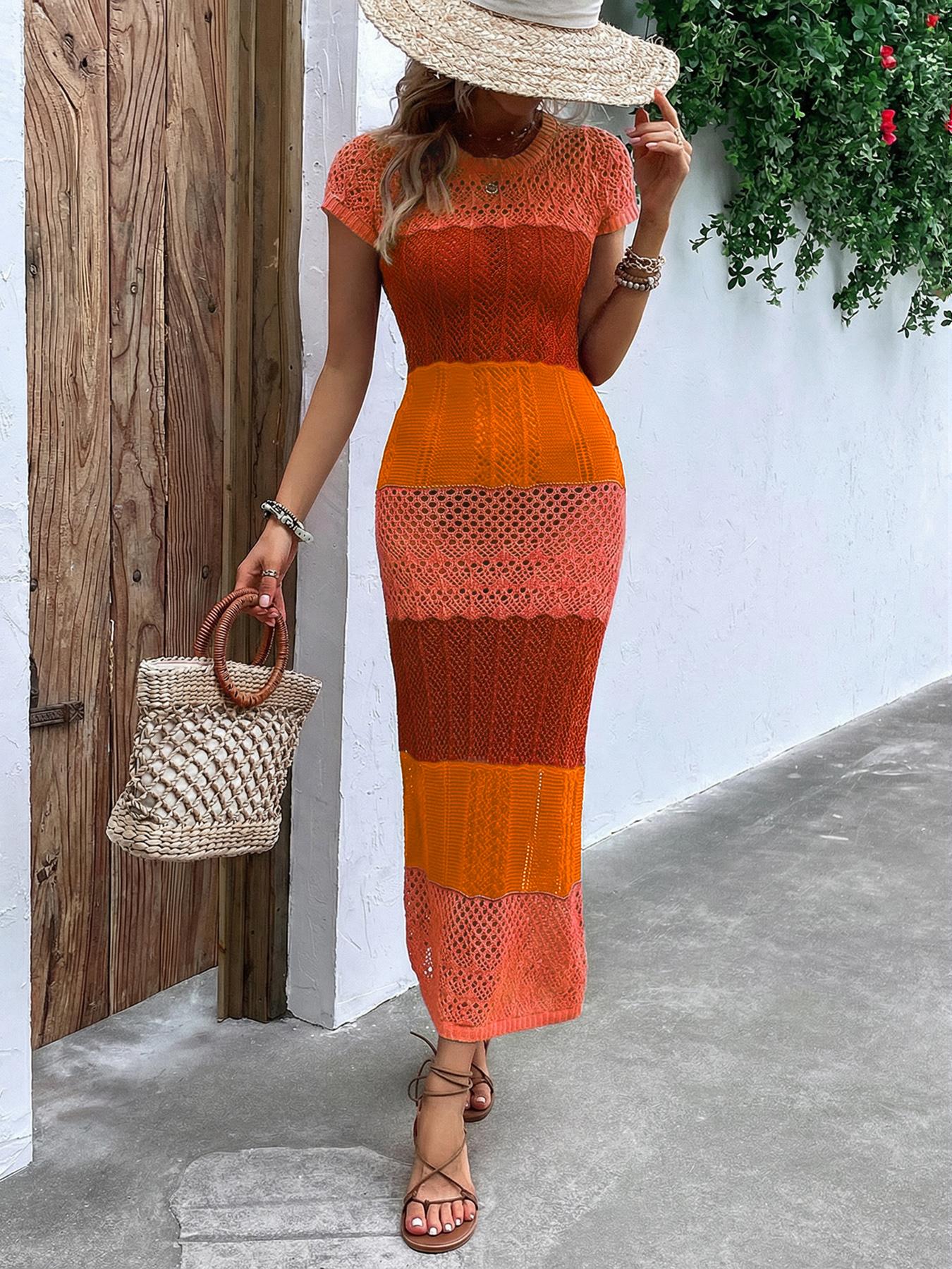 Spring Summer Elegant Knit Short Sleeve Round Neck Cut Out Long Dress, Casual Comfy Chic Striped Beach Vacation Dress, Fitted Style