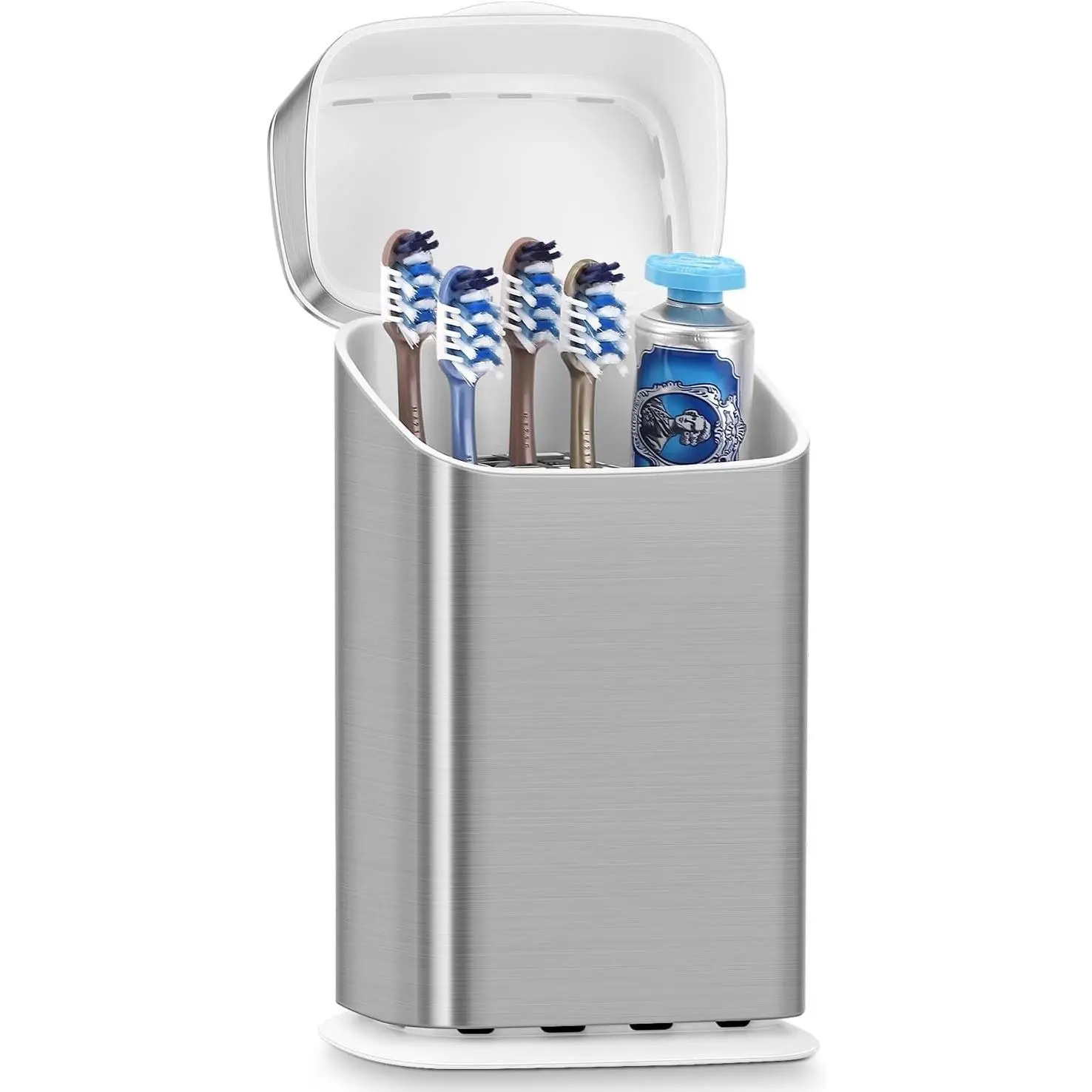 Bathroom Toothbrush Holder with Cover, Ventilated & Drainage, Silver | Detachable 5 Slots Bathroom Organizer for Toothbrush and Toothpaste, Waterproof & Dustproof, Fits Toothbrushes Under 7.5 In