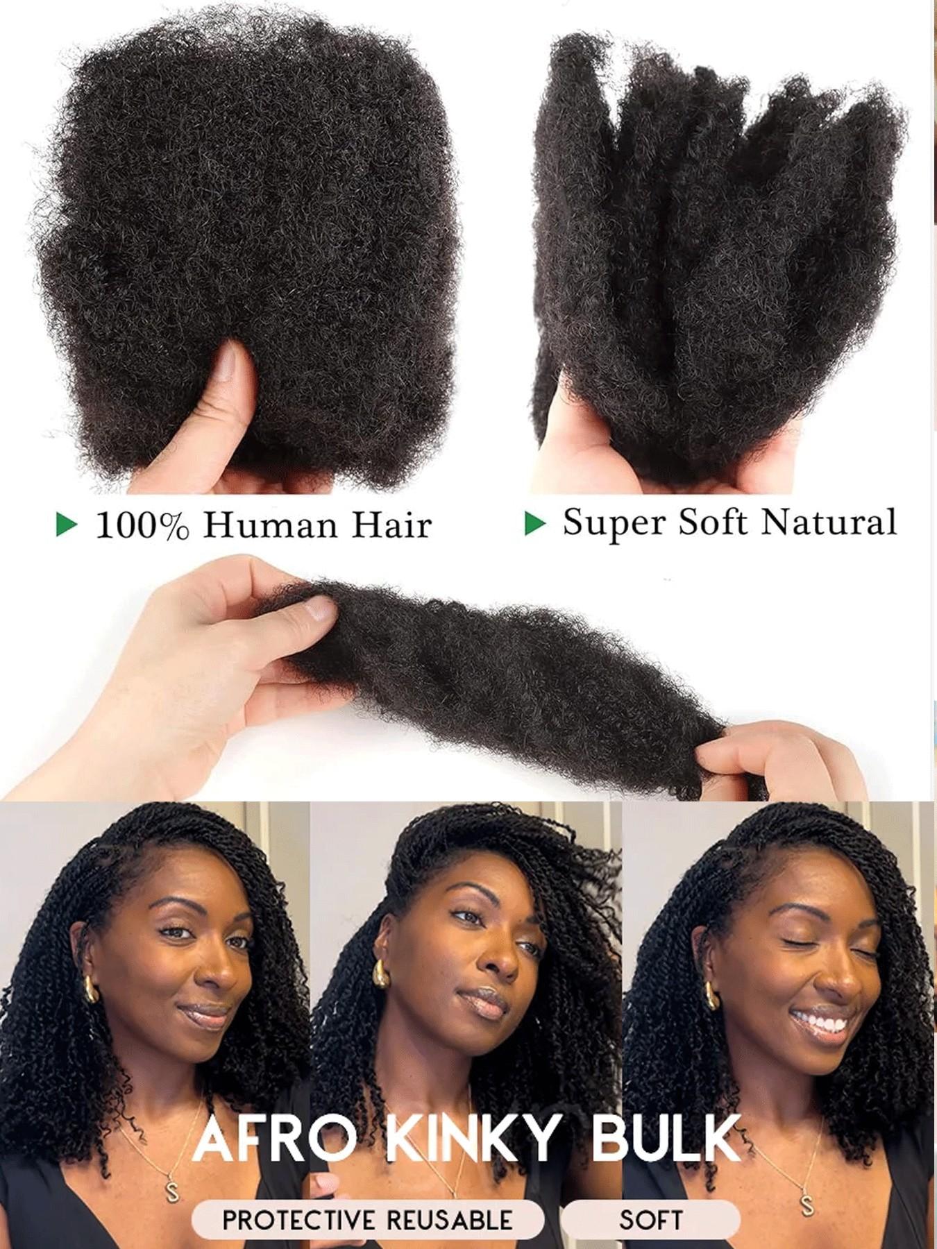 50G Afro Kinky Virgin Human Hair Bulk Unprocessed For Dreadlocks Restoration Mini Twist Braids Tangle Free Breathable Daily Use