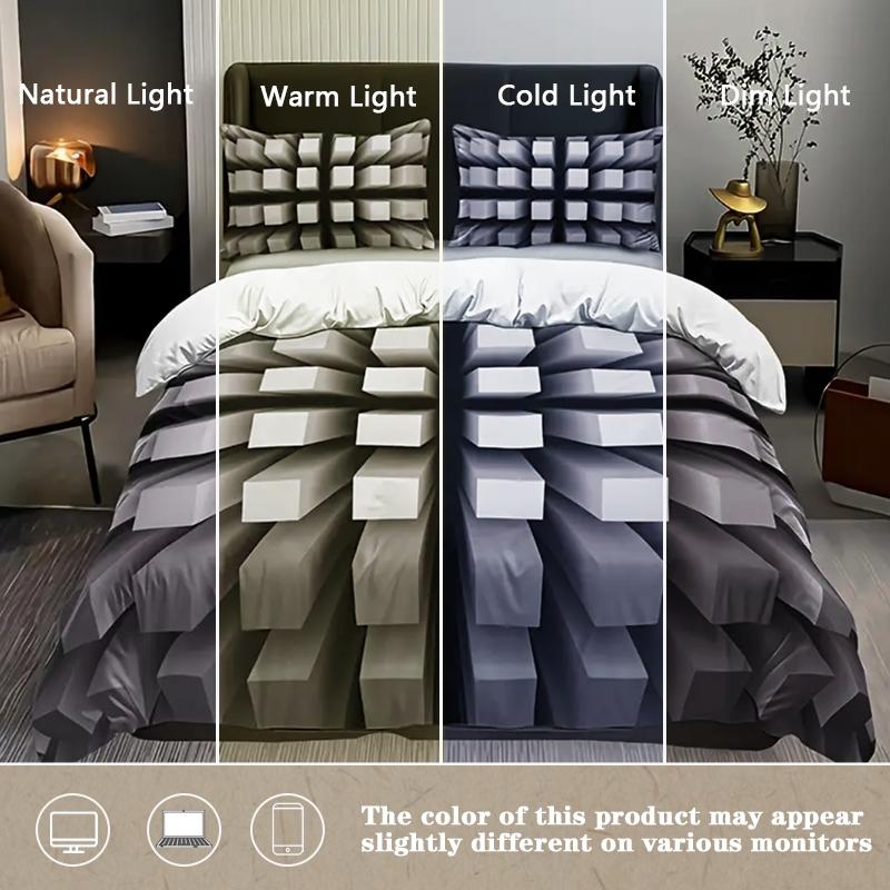 3D Block Theme Reversible Bedding Set, Soft Polyester Duvet Cover and Pillowcase, Bedroom Decoration, Comfortable and Stylish, Modern Bedding Set