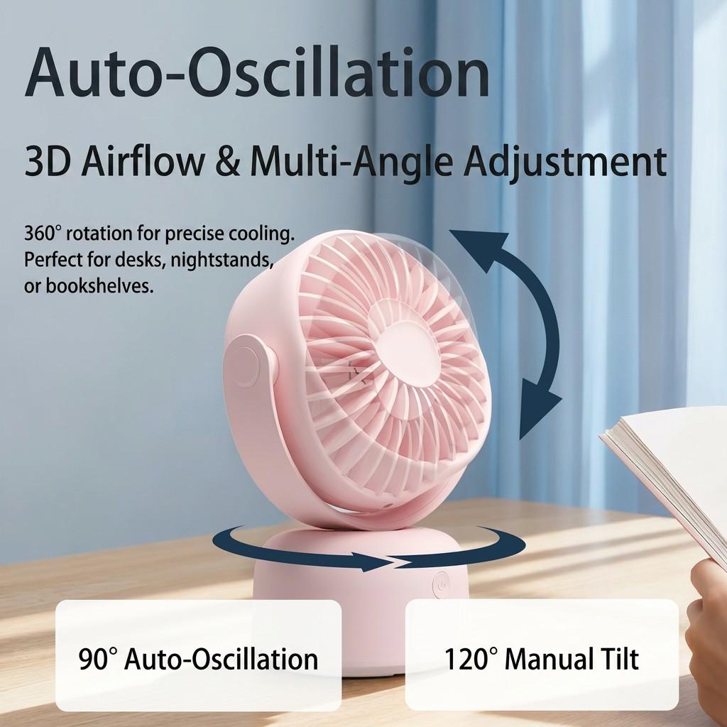 Rechargeable Desktop Oscillating Fan, 3 Speed Settings, 90° Auto Swing, 120° Manual Adjust, Quiet Portable Fan for Home Office Bedroom