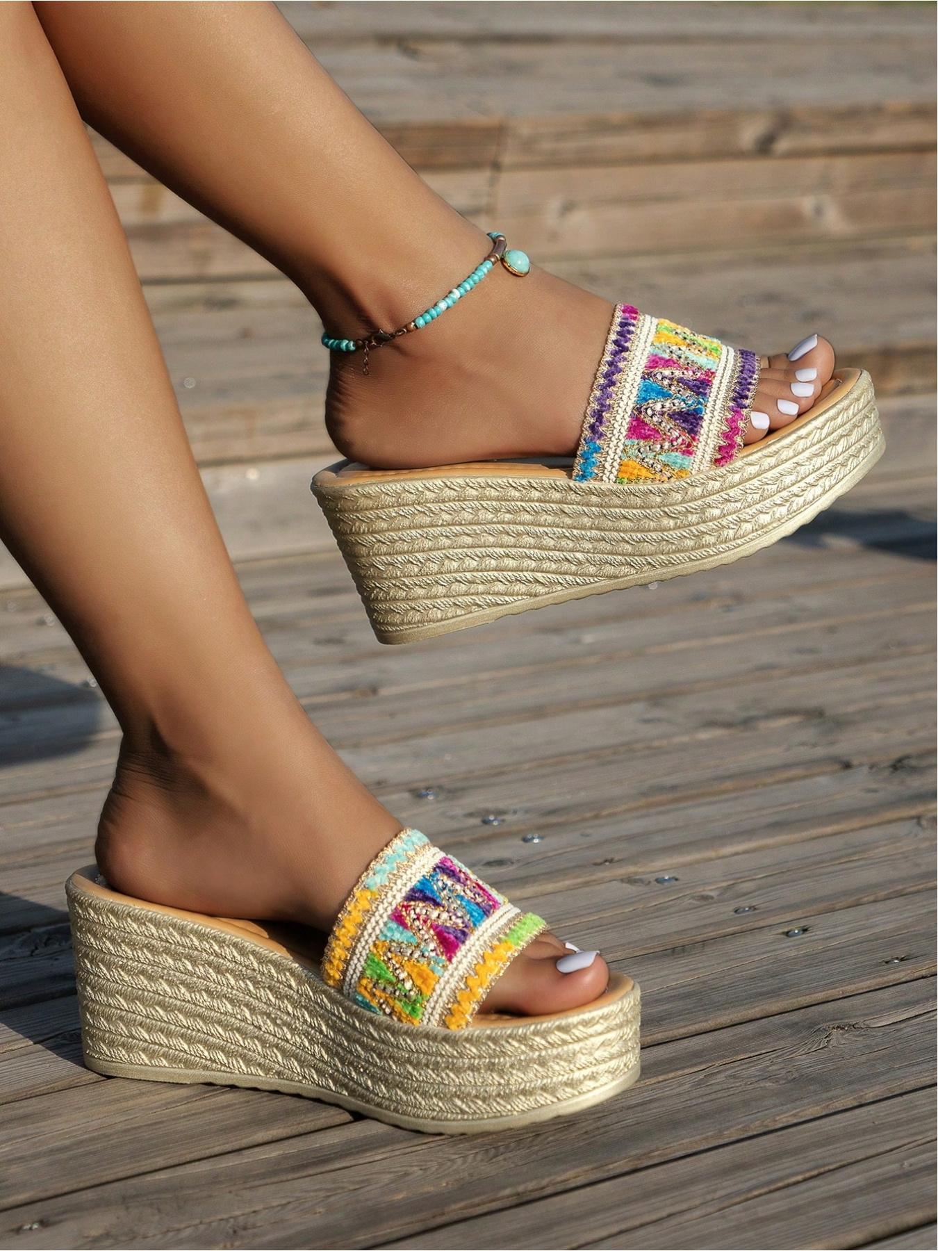 Vintage Bohemian Resort Style Handmade Crochet & Straw Wedge Heels, Breathable, Thick Sole, Anti-Slip, Multiple Sizes & Colors, Perfect for Daily Wear