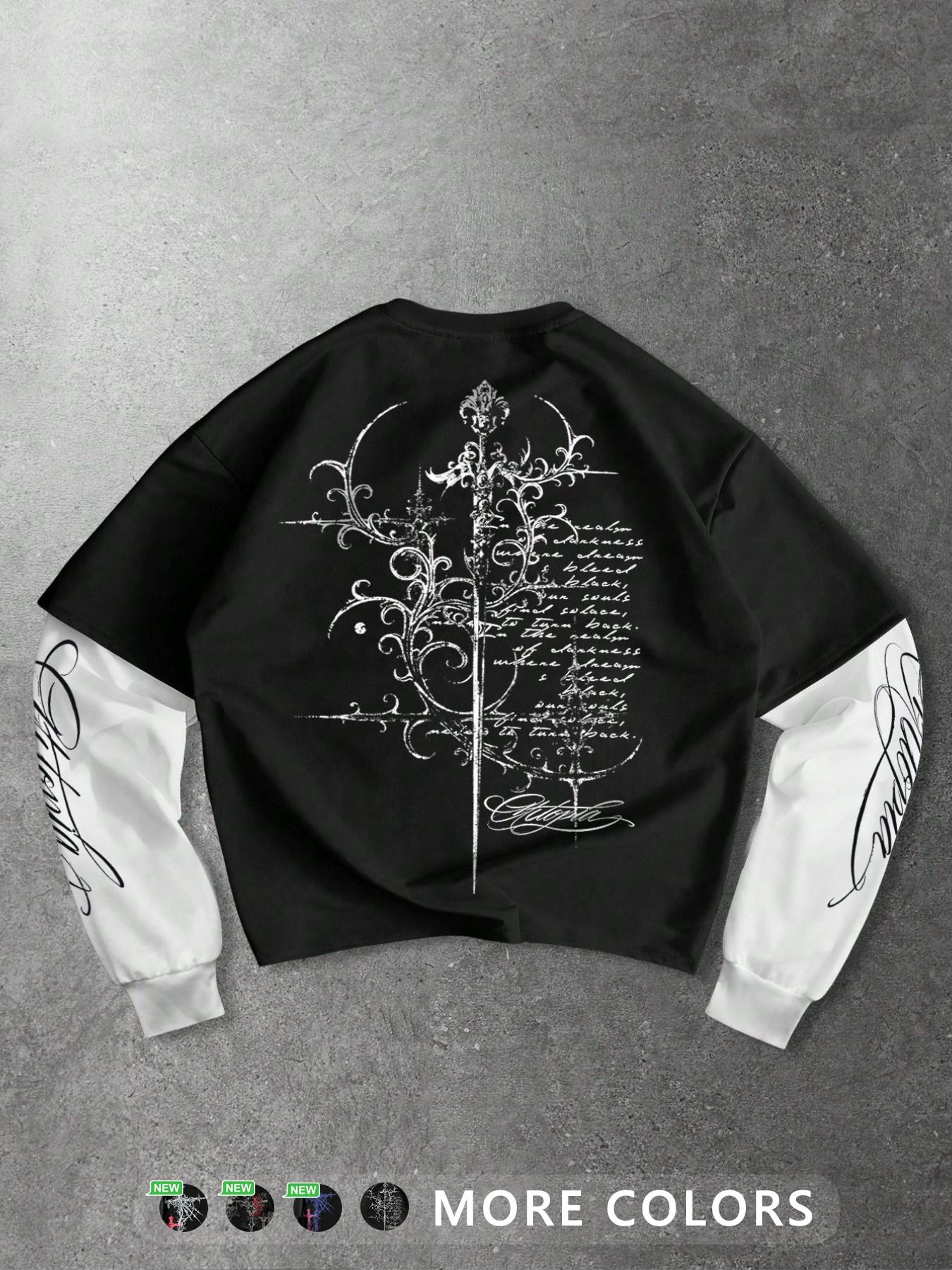 Unisex Gothic Style Long Sleeve T-Shirt with Rune and Cross Print, Ideal for Streetwear and Hip Hop Culture, Perfect Couple