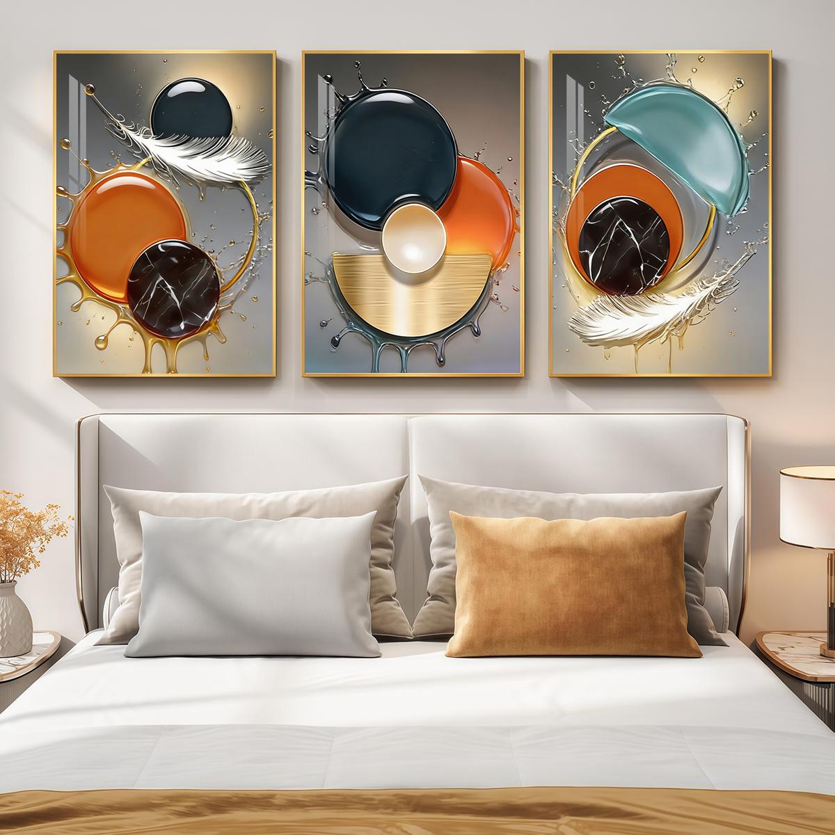 3 Counts Aluminum Alloy Framed Painting, Abstract Color Liquid Splash And Feather Art, Home Decoration For Living Room, Bedroom, Office, Restaurant, Hallway Wall Decor, Odorless Print Artwork, Luxury Perfect Gift For Friends And Family