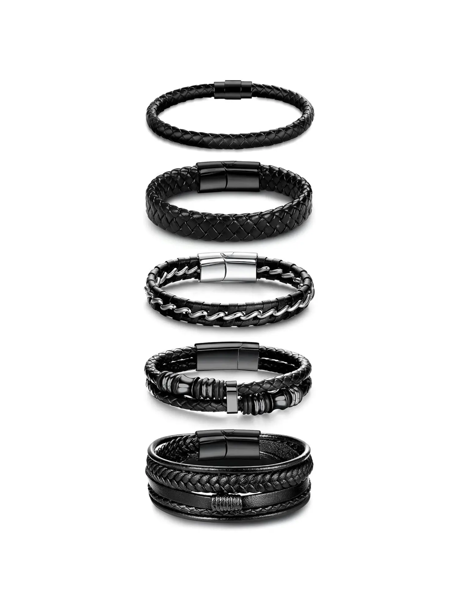 5 Pcs Men's Leather Bracelets Set Braided Black Leather Wrist Bands with Stainless Steel Magnetic Clasp Multiple Styles Single Braided Double Braided Chain Inlaid Bead Decor Multi-layer Leather Bracelets Punk Leather Bracelet Anniversary Birthday Gift