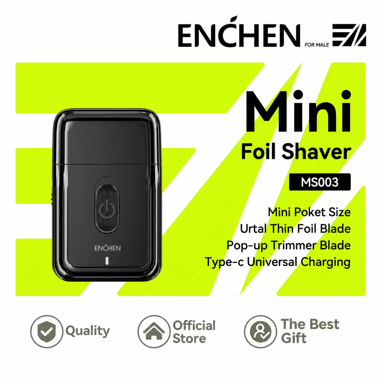 ENCHEN Electric Shaver MS003, Compact Foil Shaver for Men with Pop-Up Sideburn Trimmer, Ultra-Thin Floating Foil & Waterproof, Pocket-Size for Home, Office, Car & Travel