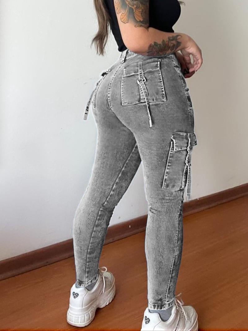 Women's Plain Multi-pocket Denim Cargo Pants, Casual Street Trousers for Daily Wear, Ladies Bottoms for All Seasons Women's Plain Multi-pocket Denim Cargo Pants, Casual Street Trousers for Daily Wear, Ladies Bottoms for All Seasons