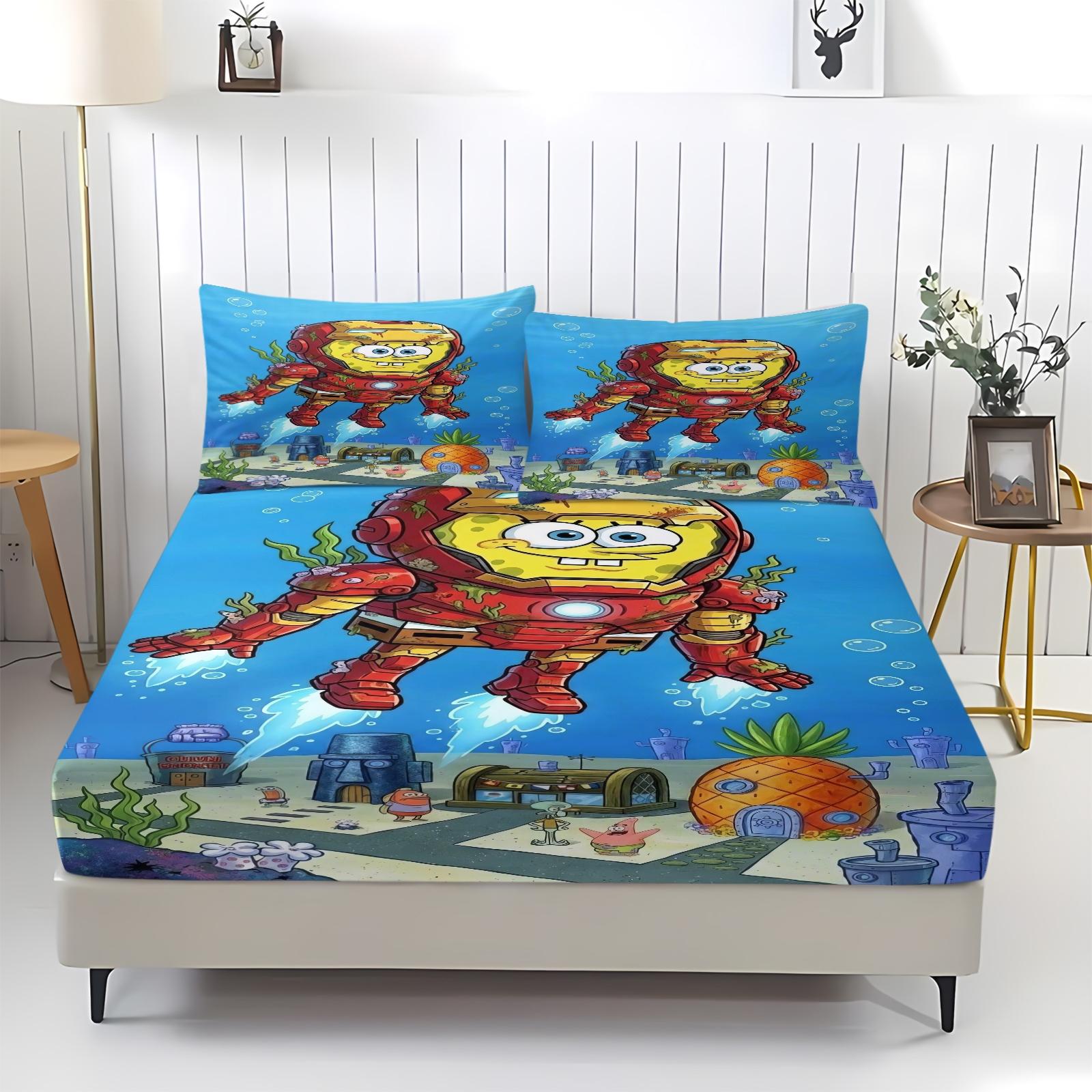 3 Piece Spongebob Pattern Fitted Sheet Set, Soft And Durable Bedding Set Includes 1 Piece Flat Sheet And 2 Pieces Pillowcases, Daily Holiday Birthday Gift Bedroom Decorations For Kids And Adults