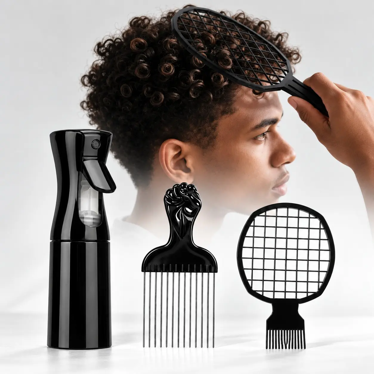 3-Piece Men's Curly Hair Styling Kit, Spray Bottle, Comb, Sponge Brush, Portable Hair Care Tools for Coily Hair, Home & Salon Use