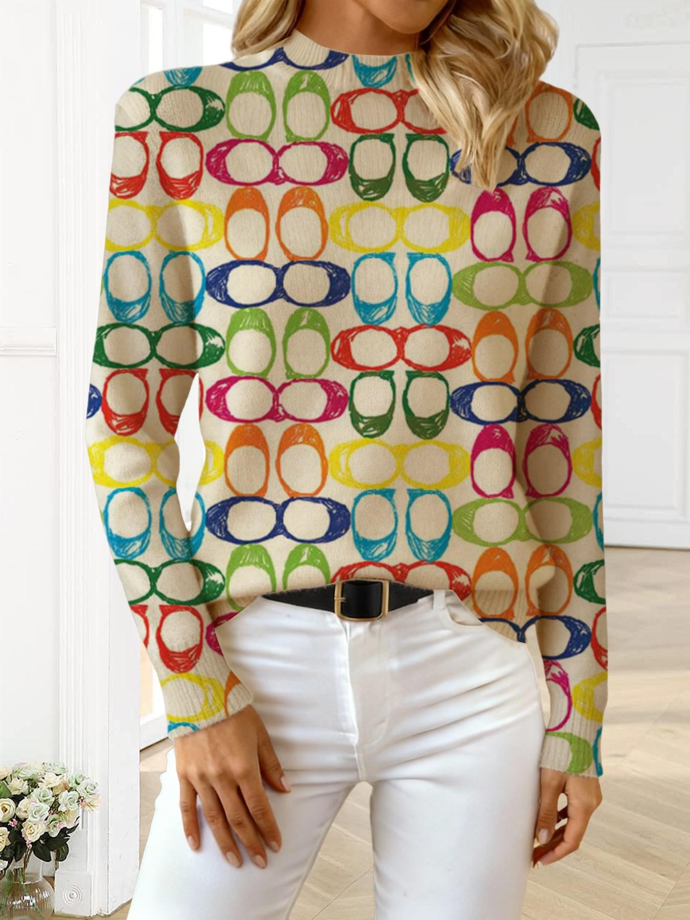 Women's Colorful Geometric Pattern Stand Collar Fitted Sweater, Fall Winter Casual Long Sleeve Knitwear, Comfortable Warm Daily Wear