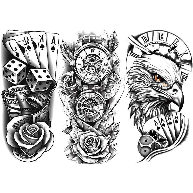 3 Piece Clock Flower Temporary Tattoos, Poker Eagle Clock Floral Design, Waterproof Realistic Fake Tattoo Stickers, Long-Lasting Body Art