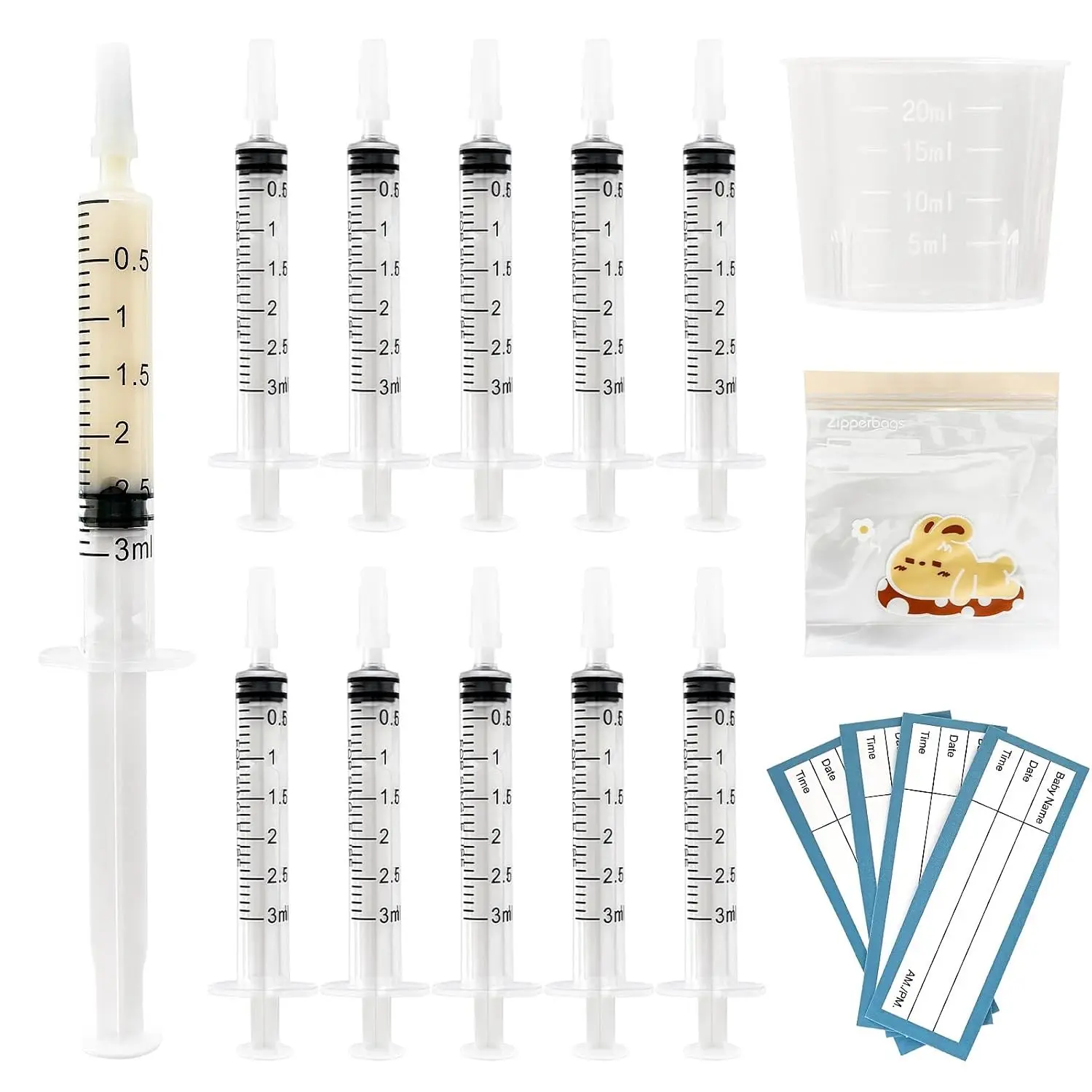 50 Sets 3mL Colostrum Syringes with Caps, Colostrum Collector Kit - 50PCS 3mL Sterile Syringes, 50 Labels, 5 Storage Bags and 1 Measuring Cup(Gift)