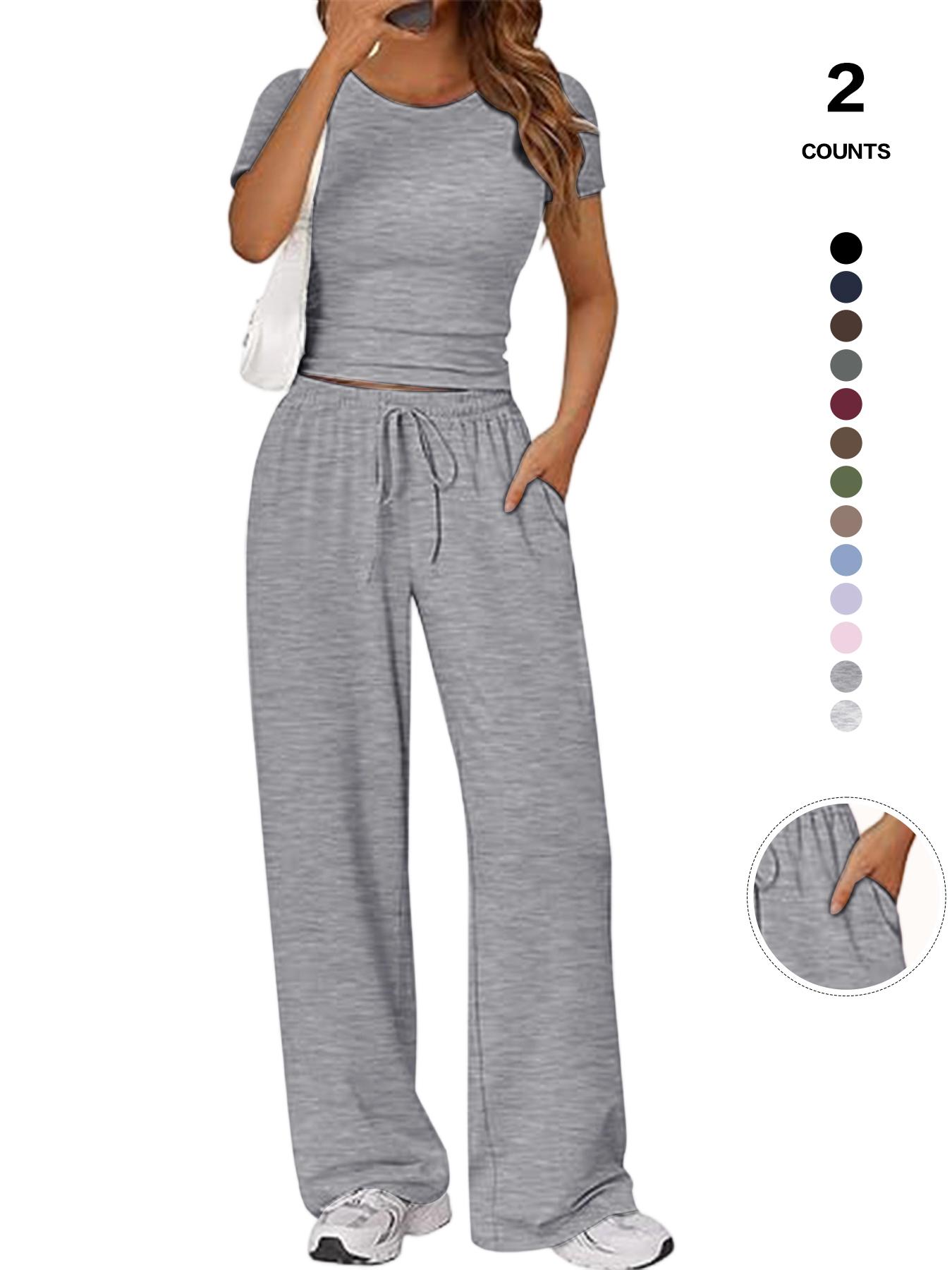 Women's Spring Summer Casual Set, Round Neck Short Sleeve Top & Wide Leg Pants, Slim Fit Home Wear, 2 Piece Comfortable