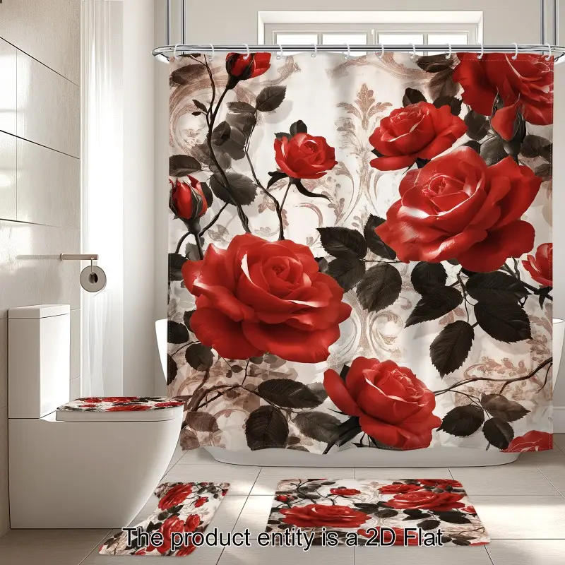 4pcs Rose Shower Curtain Set – Valentine's Day Romantic Vintage Bathroom Set, Includes 12 Hooks, Non-Slip Bath Mat, U-Shaped Mat & Toilet Cover, Home Decor Accessories