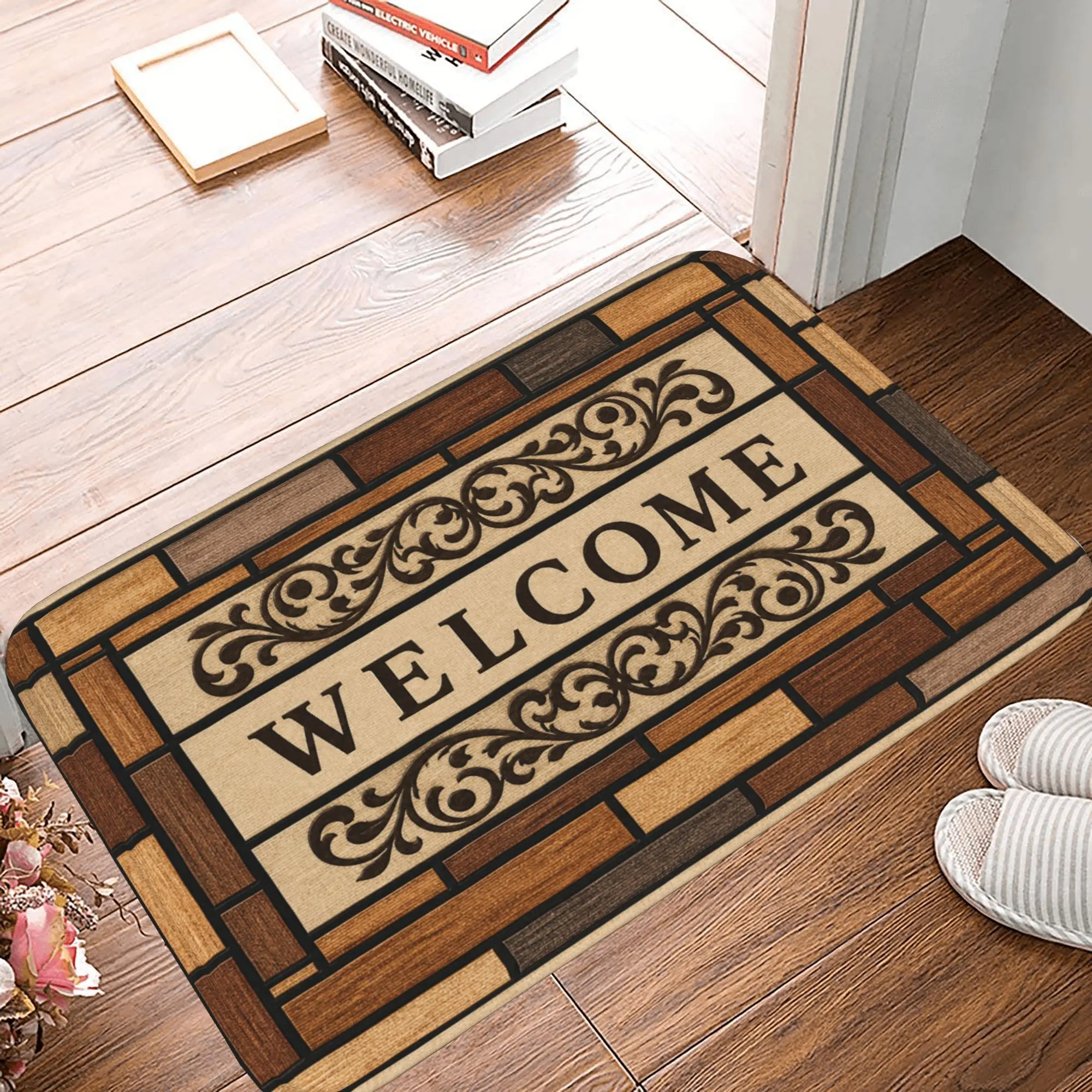 Decorative Welcome Door Mat, Flanel Non-Slip Indoor Outdoor Entrance Rug with Vintage Wood Brick Floral Pattern, Absorbent Low-Profile Floor Mat for Entryway, Kitchen, Bedroom, Durable Dirt Trapper Carpet,Christmas,Santa