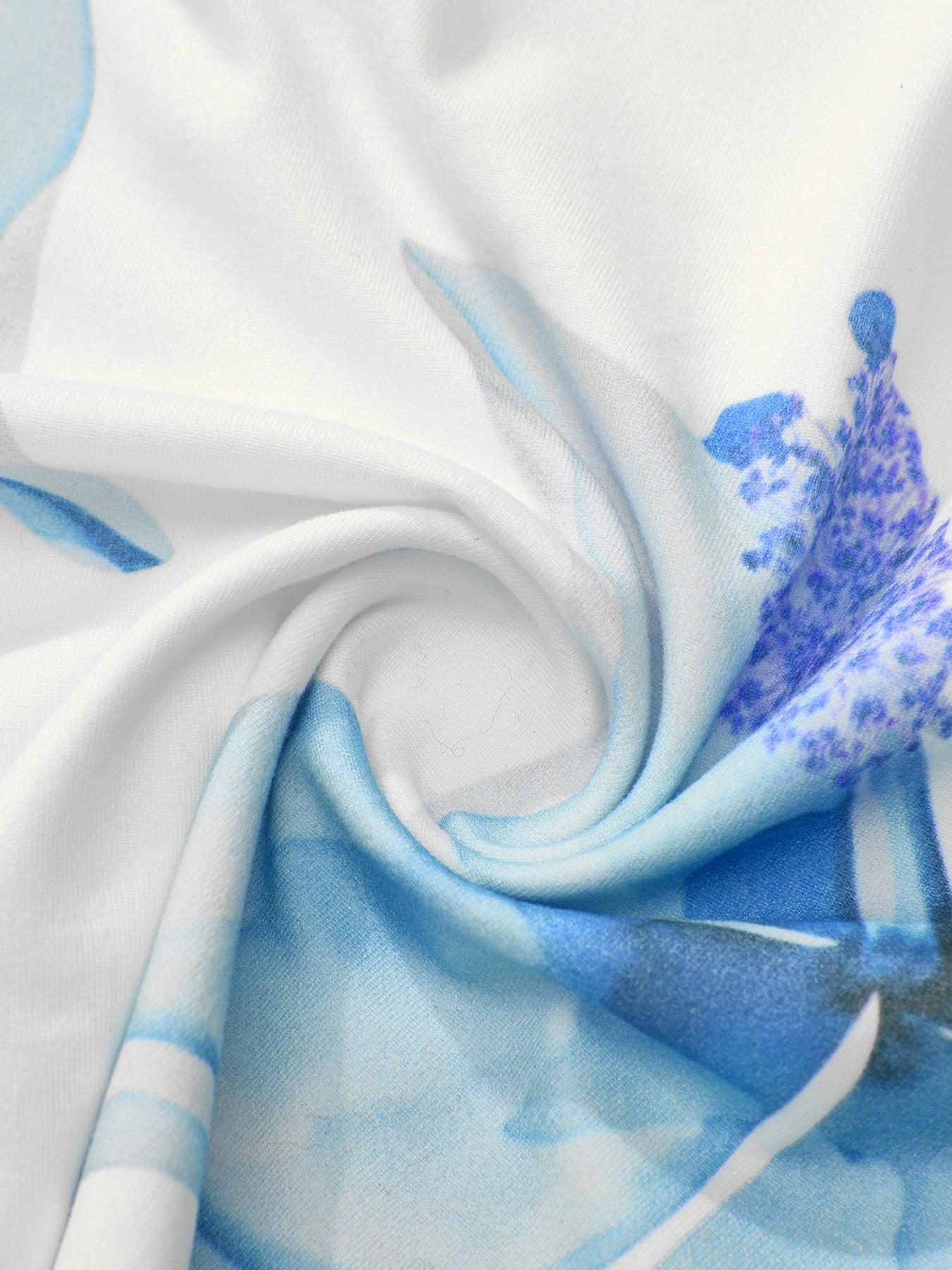 Women's Watercolor Blue Flower Print Crop Top, Slim Fit Short Sleeve Graphic Tee, Y2K Aesthetic Floral Fitted Top, Perfect for Vacation, Daily Wear, Street Style #springsaledeals2026 #summeroutfits #tiktokshopmademebuyit #womensfashion