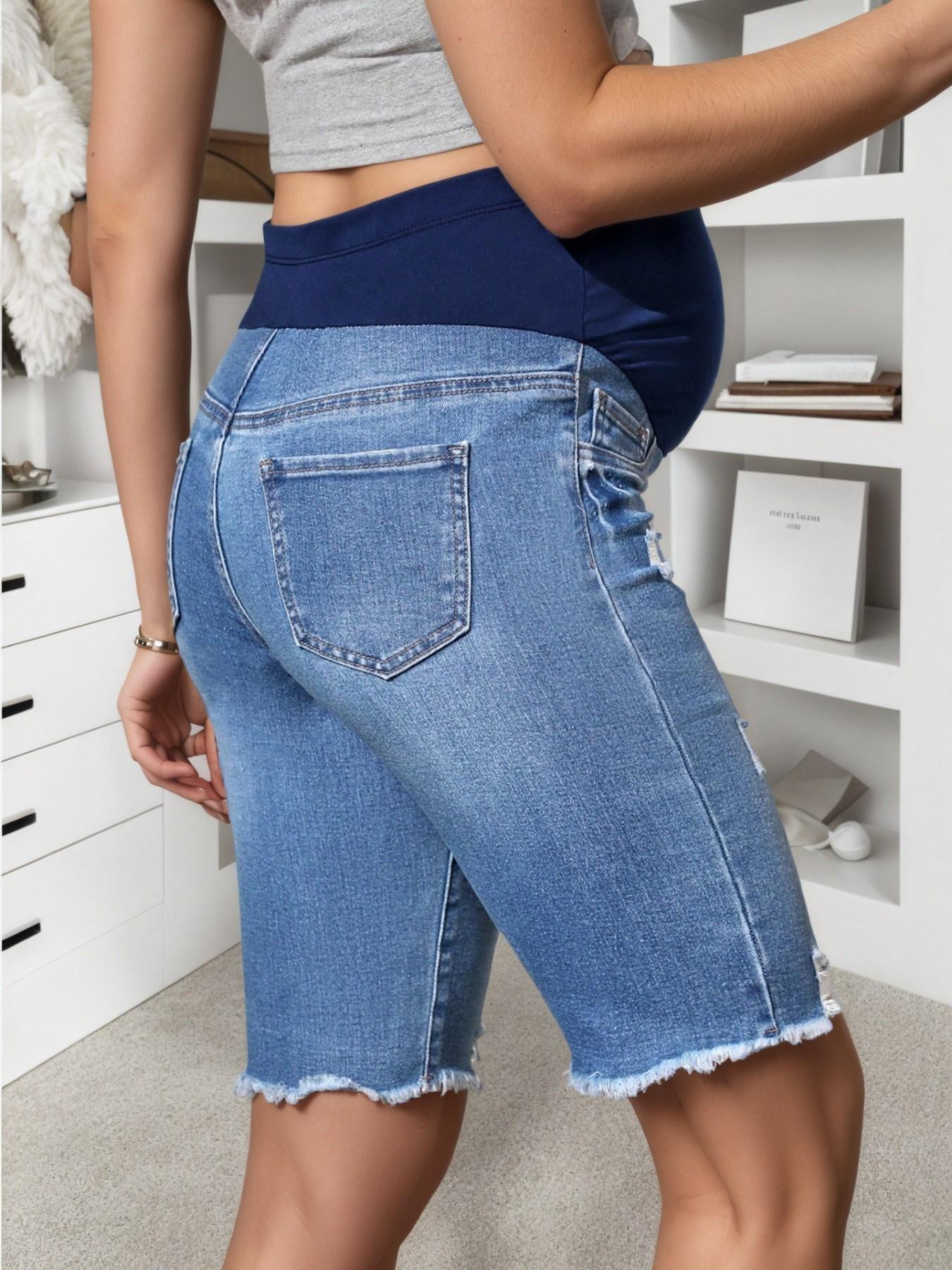 Blue Pregnant Jeans Shorts, Summer Belly Support Pants, Simple Ripped Thin Design, Wearable Outerwear, Pregnancy Clothing