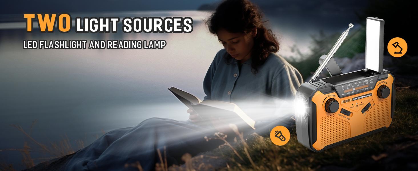 PRUNUS J-369 11100mWh Emergency Weather Radio, AA Batteries/Hand Crank/Solar/USB Charging, NOAA/AM/FM, LED Flashlight and Reading Lamp,SOS Alarm & Flashlight Portable