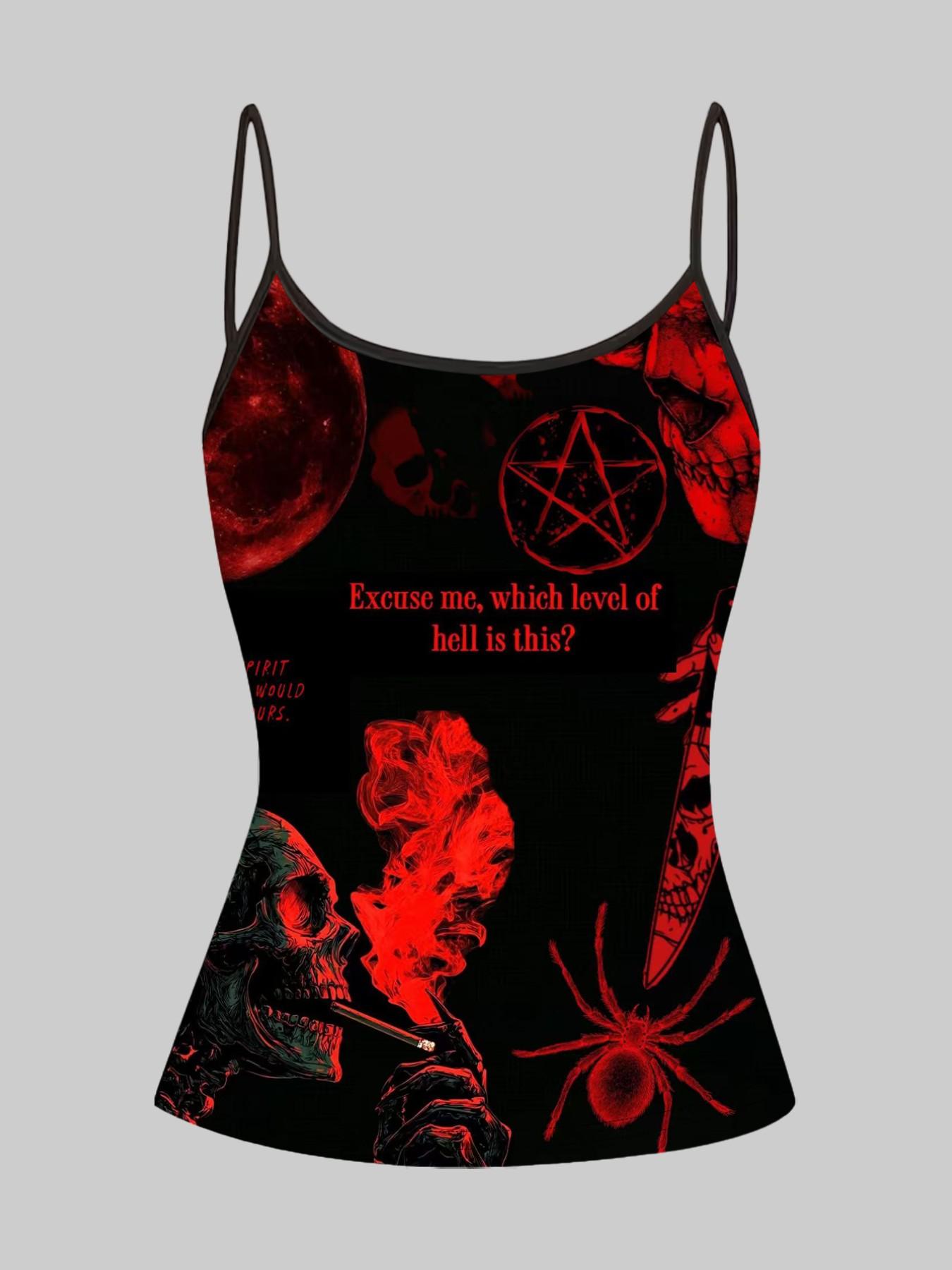 Gothic Dark Vampire Skull Print Straps, Summer Home Sleepwear Outer Wear, Unique Slim-Fit Top Set of Four Pieces